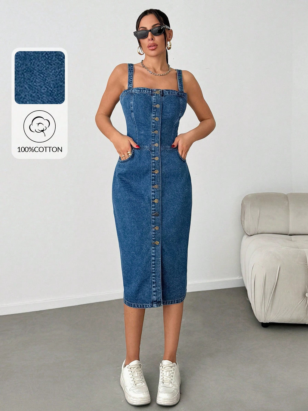 Robe mi-longue en denim avec boutons, poches obliques