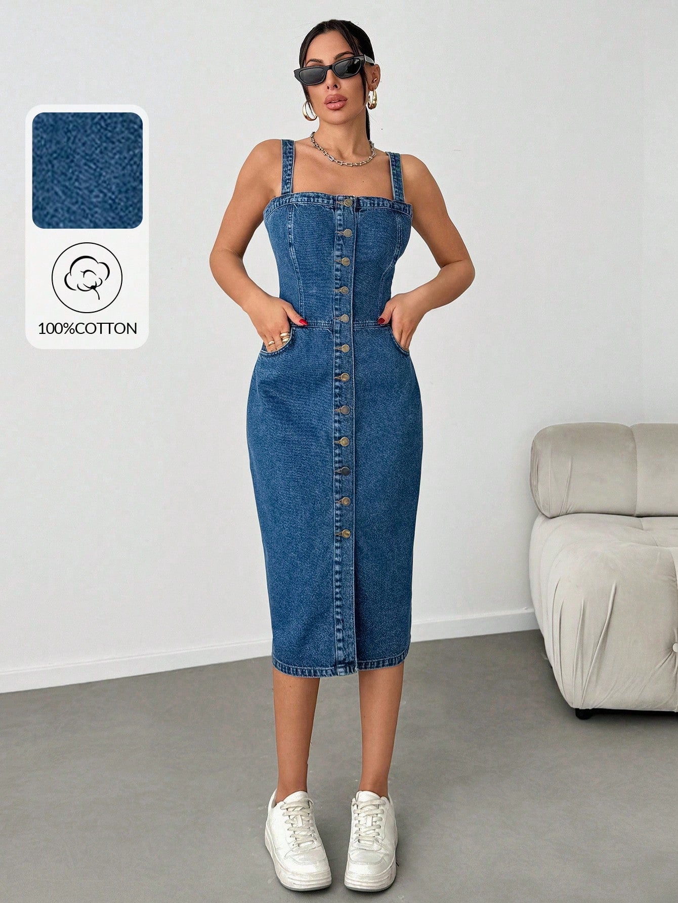 Robe mi-longue en denim avec boutons, poches obliques
