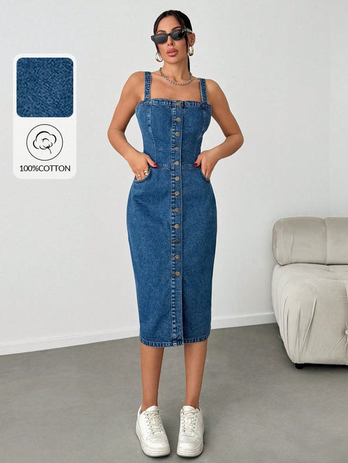 Robe mi-longue en denim avec boutons, poches obliques