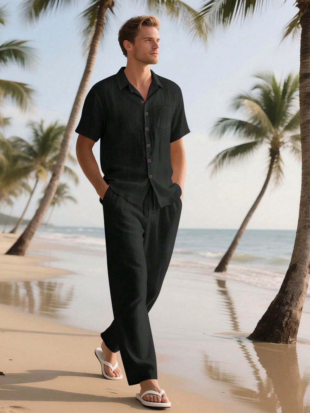 2 pièces/Set Tenue en lin pour homme, chemise à manches courtes boutonnée simple unie et pantalon