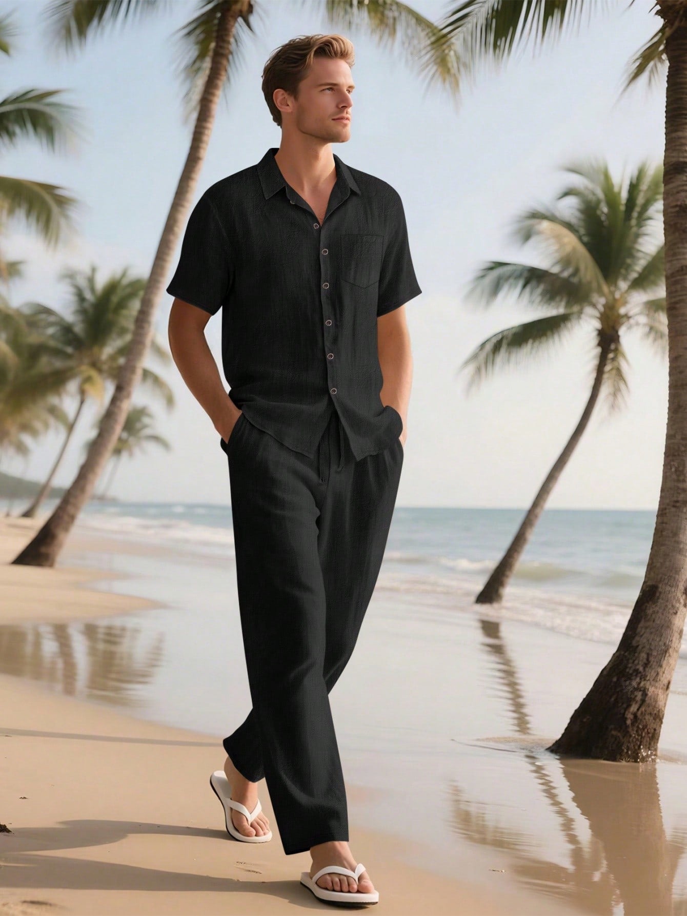 2 pièces/Set Tenue en lin pour homme, chemise à manches courtes boutonnée simple unie et pantalon