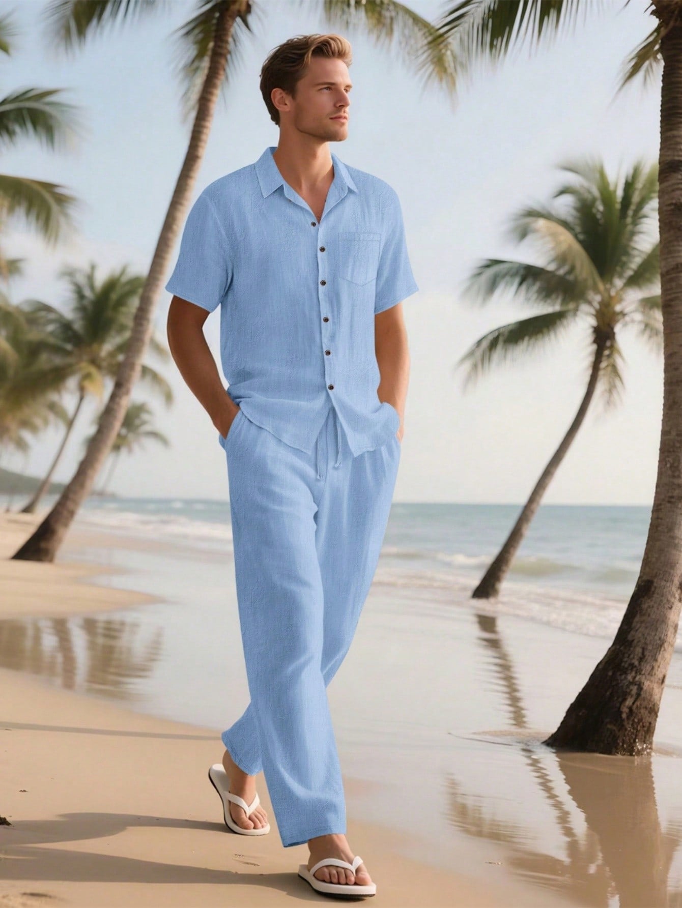 2 pièces/Set Tenue en lin pour homme, chemise à manches courtes boutonnée simple unie et pantalon