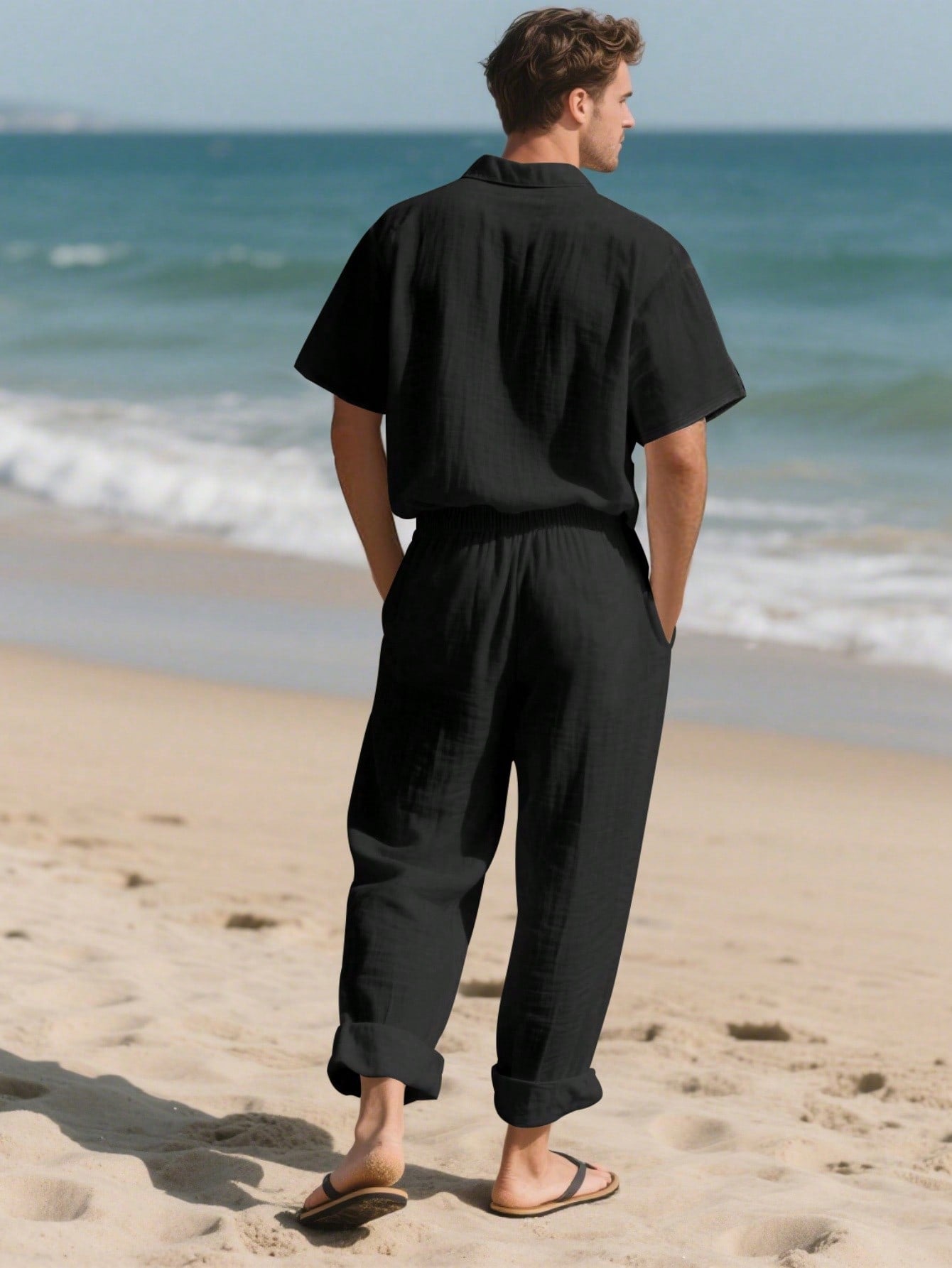 2 pièces/Set Tenue en lin pour homme, chemise à manches courtes boutonnée simple unie et pantalon