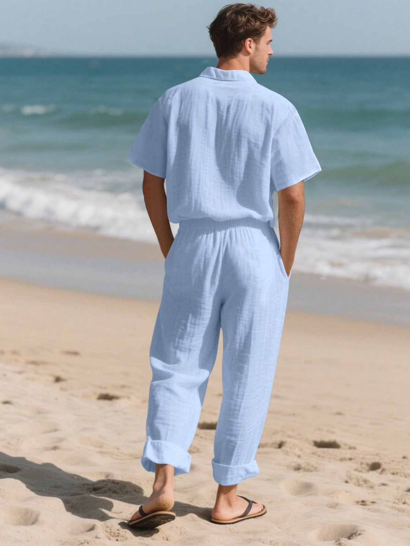 2 pièces/Set Tenue en lin pour homme, chemise à manches courtes boutonnée simple unie et pantalon