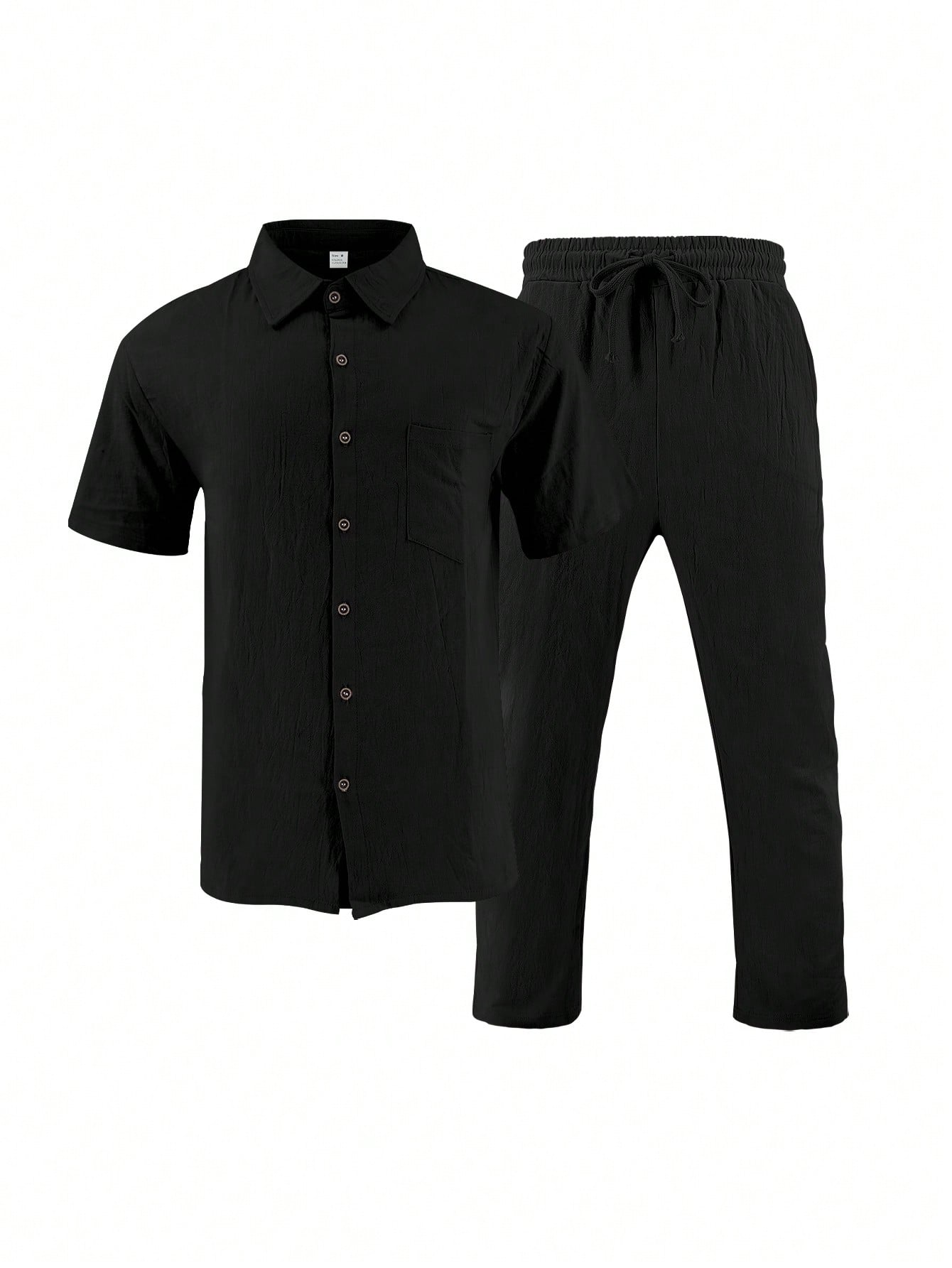 2 pièces/Set Tenue en lin pour homme, chemise à manches courtes boutonnée simple unie et pantalon