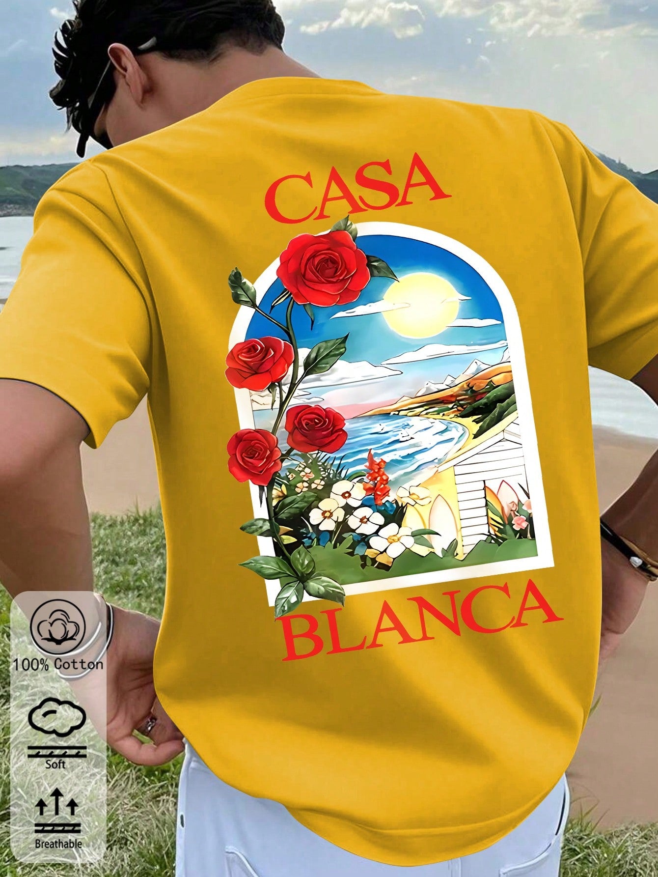 T-shirt en coton côtelé pour homme, imprimé plage rose romantique, hauts à manches courtes noirs doux pour homme
