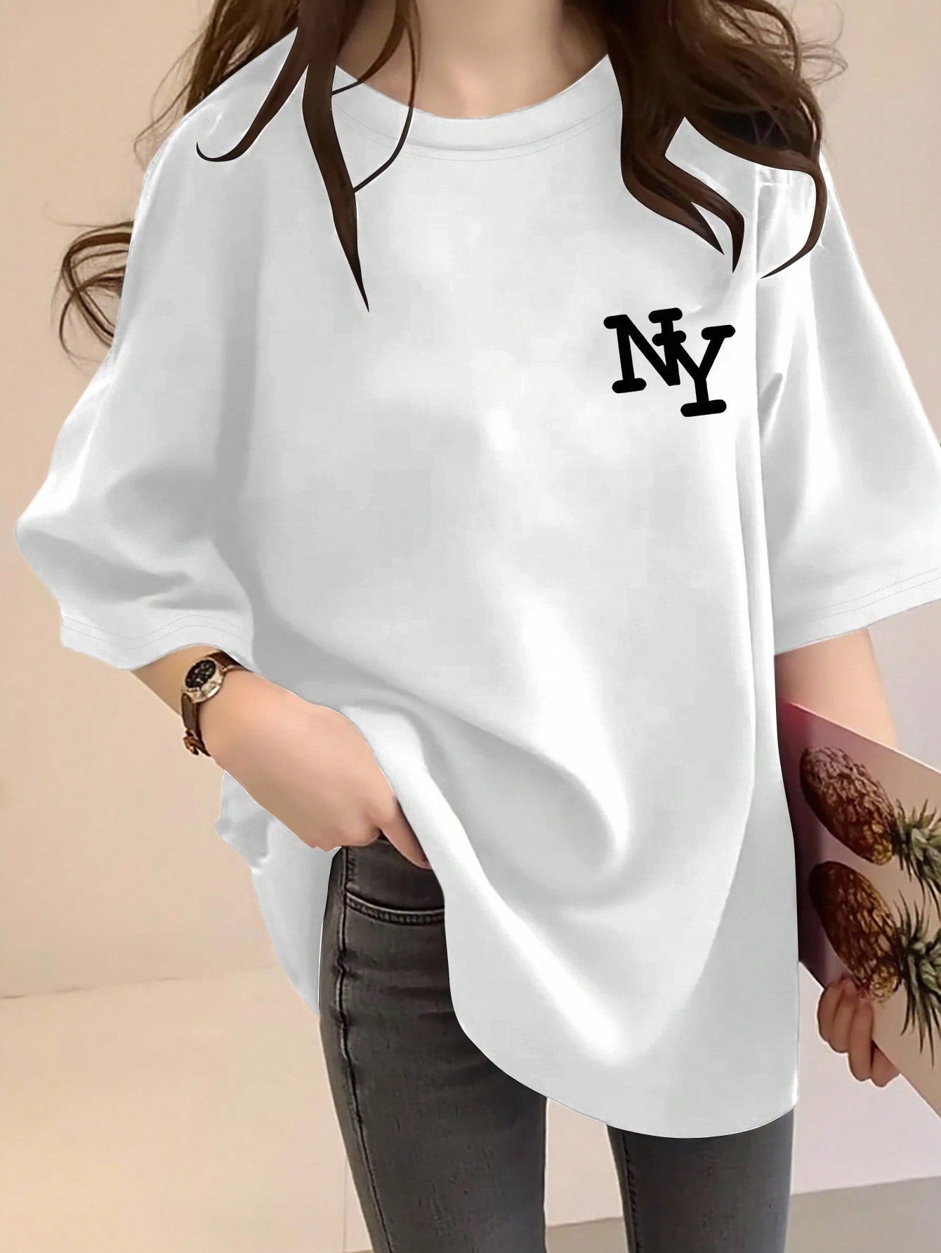 T-shirt ample à col rond et manches courtes avec imprimé lettre NY pour femmes, top d'été décontracté, design élégant et confortable, convient pour le port quotidien, t-shirt New York oversize, style vintage