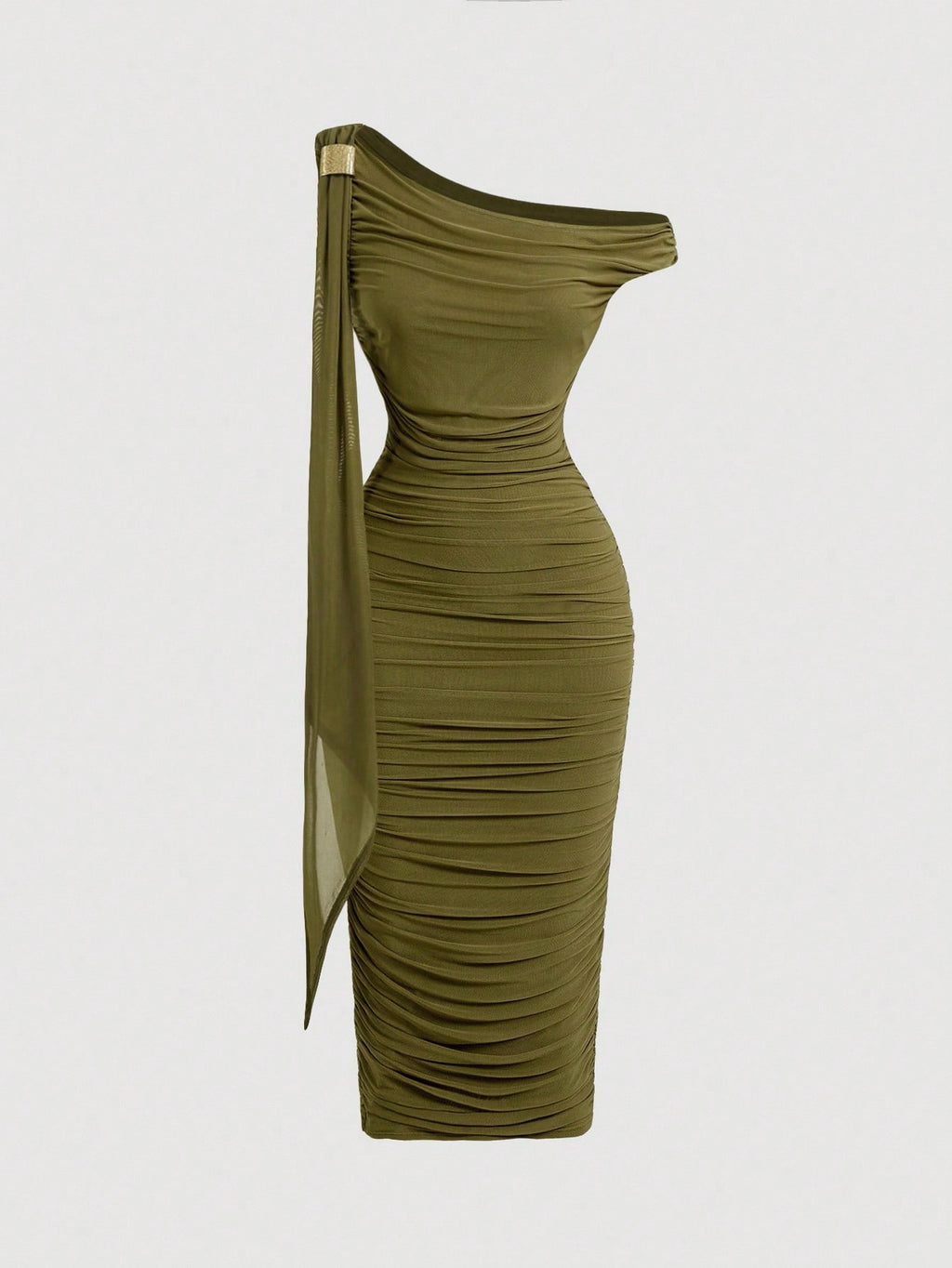 SHEIN MOD Robe mi-longue élégante pour femmes, coupe ajustée, col asymétrique, froncée, de couleur unie