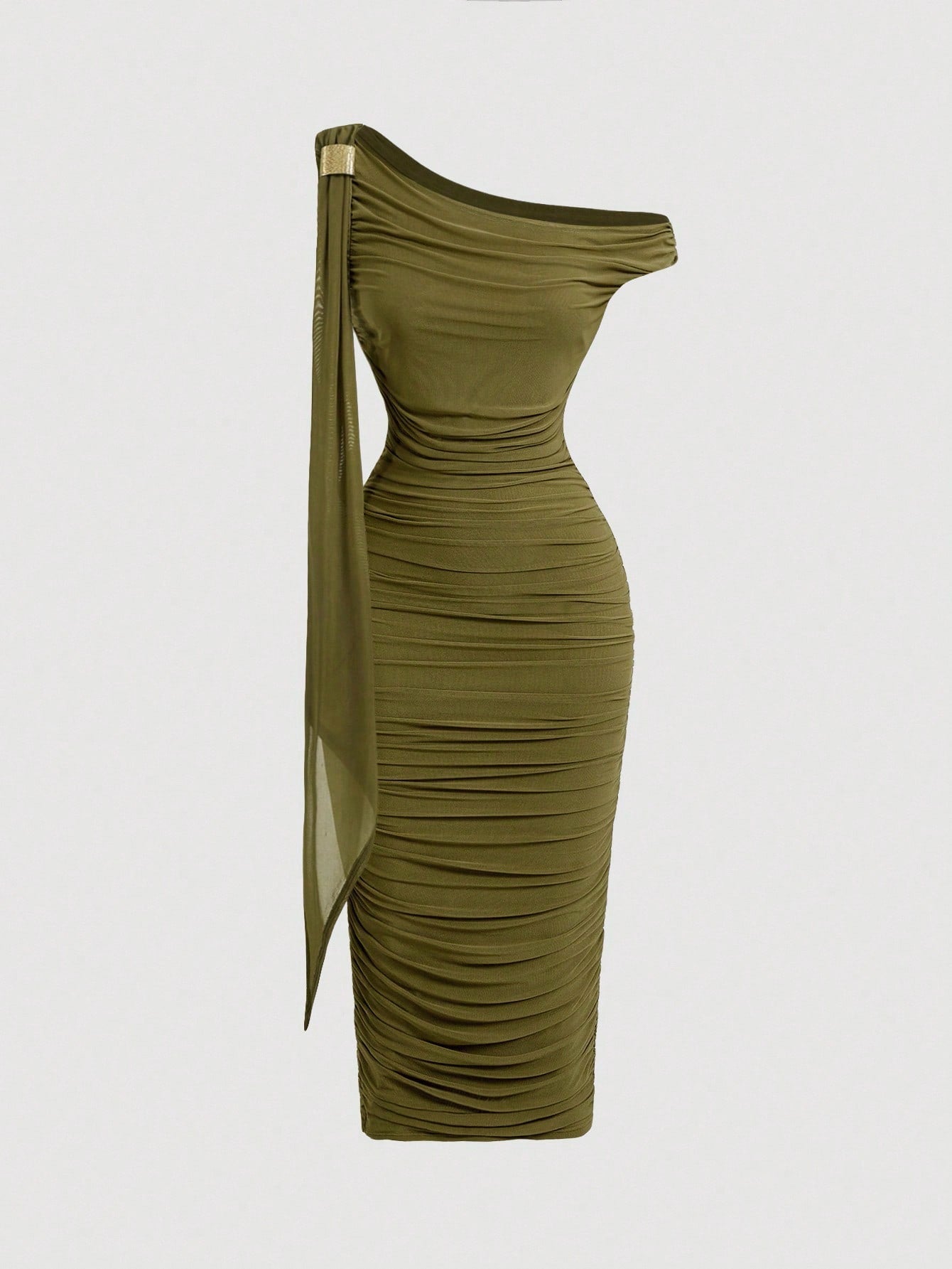 SHEIN MOD Robe mi-longue élégante pour femmes, coupe ajustée, col asymétrique, froncée, de couleur unie