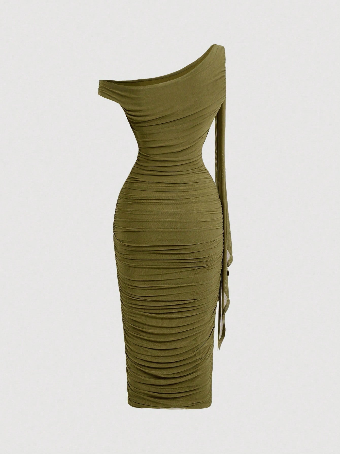 SHEIN MOD Robe mi-longue élégante pour femmes, coupe ajustée, col asymétrique, froncée, de couleur unie