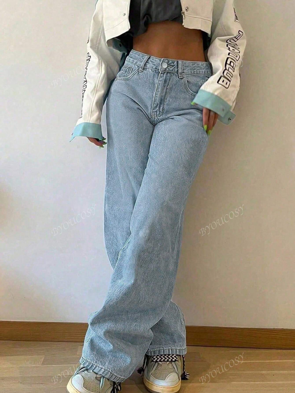 Pantalon en jean droit empilé ample rétro pour femmes