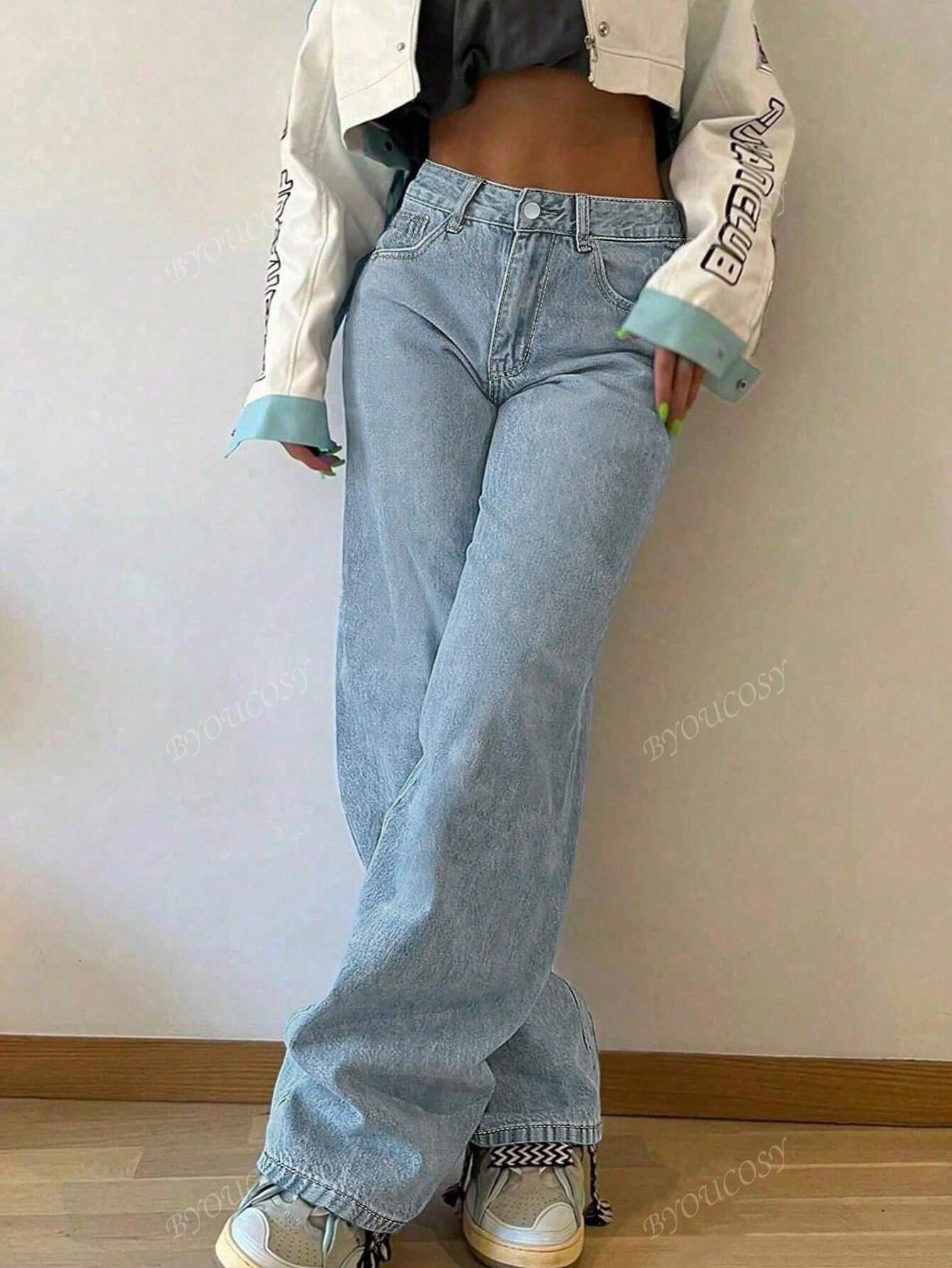 Pantalon en jean droit empilé ample rétro pour femmes