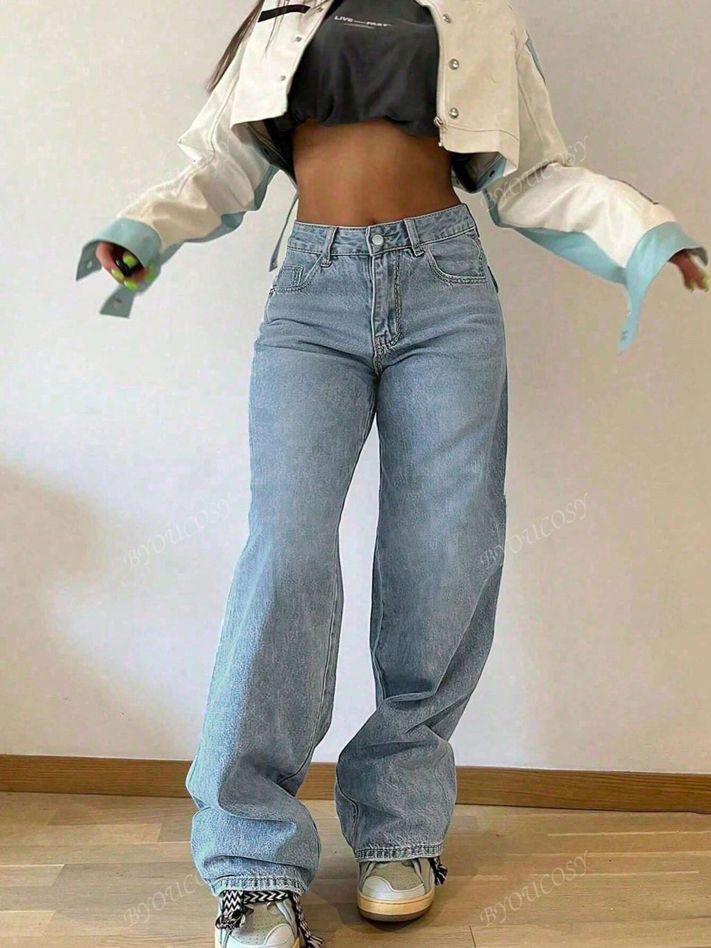 Pantalon en jean droit empilé ample rétro pour femmes
