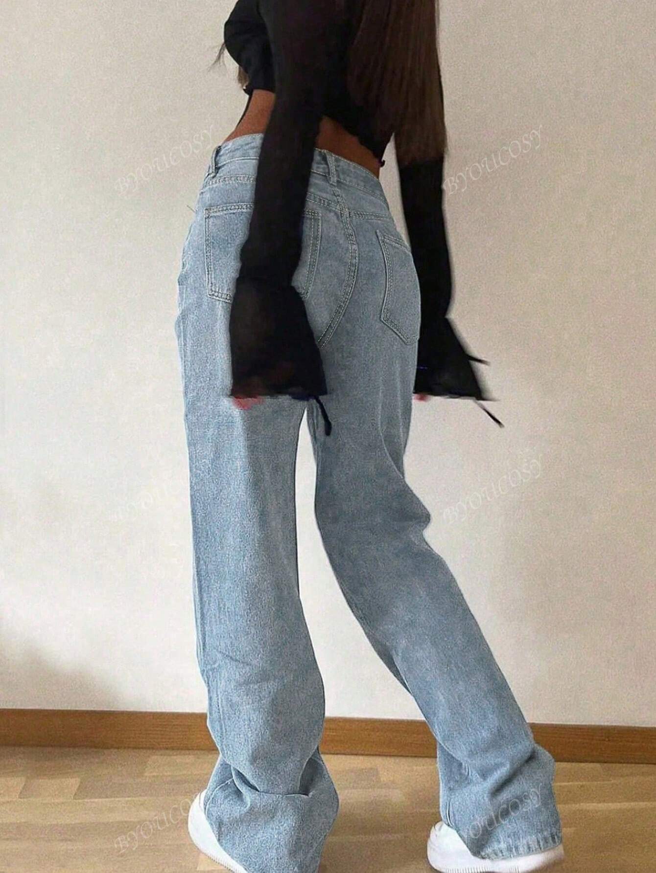 Pantalon en jean droit empilé ample rétro pour femmes