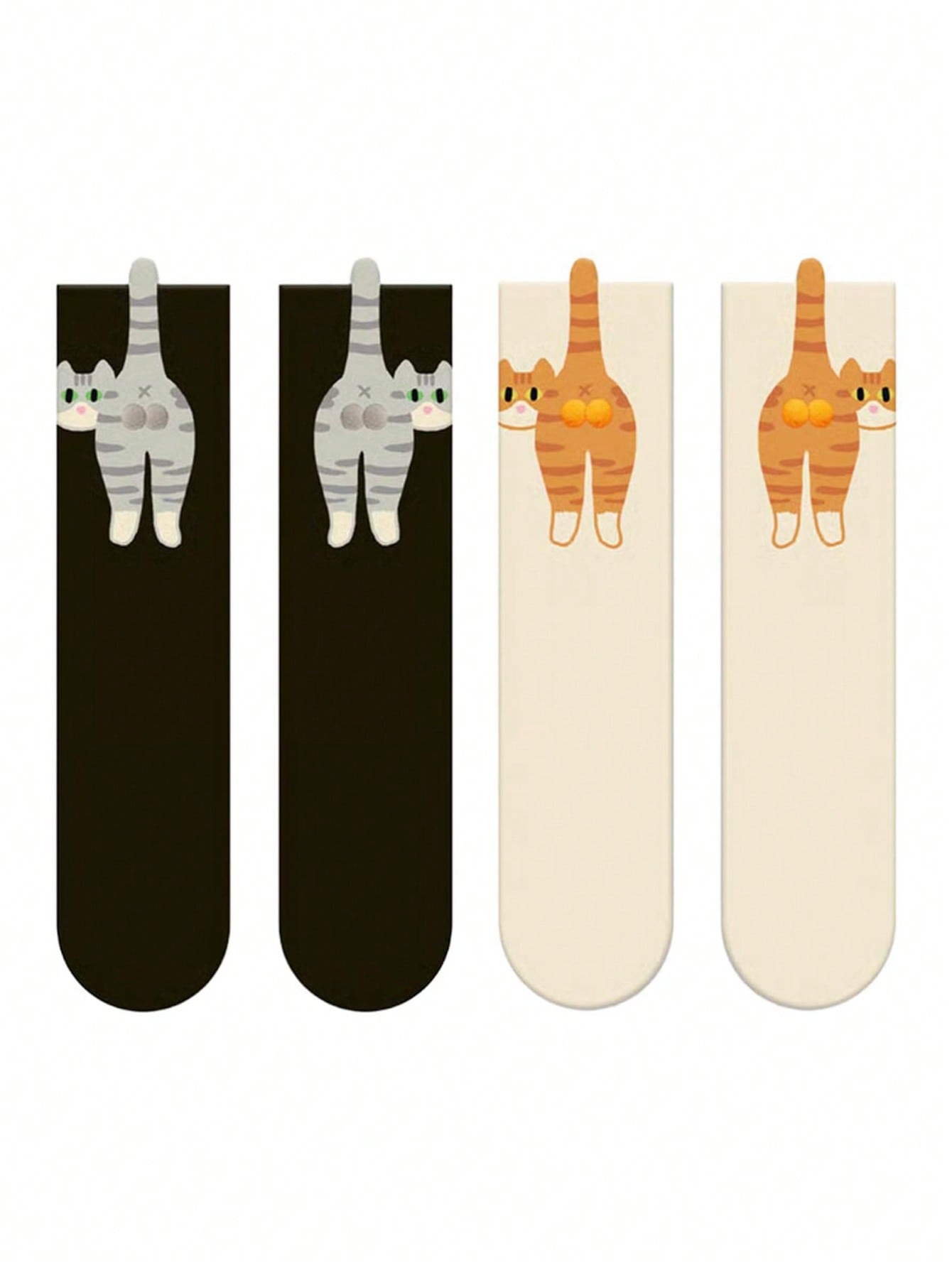 5 paires de chaussettes femme design chat de bande dessinée et cloche, chaussettes mi-mollet noir et blanc, chaussettes décorées de boules 3D