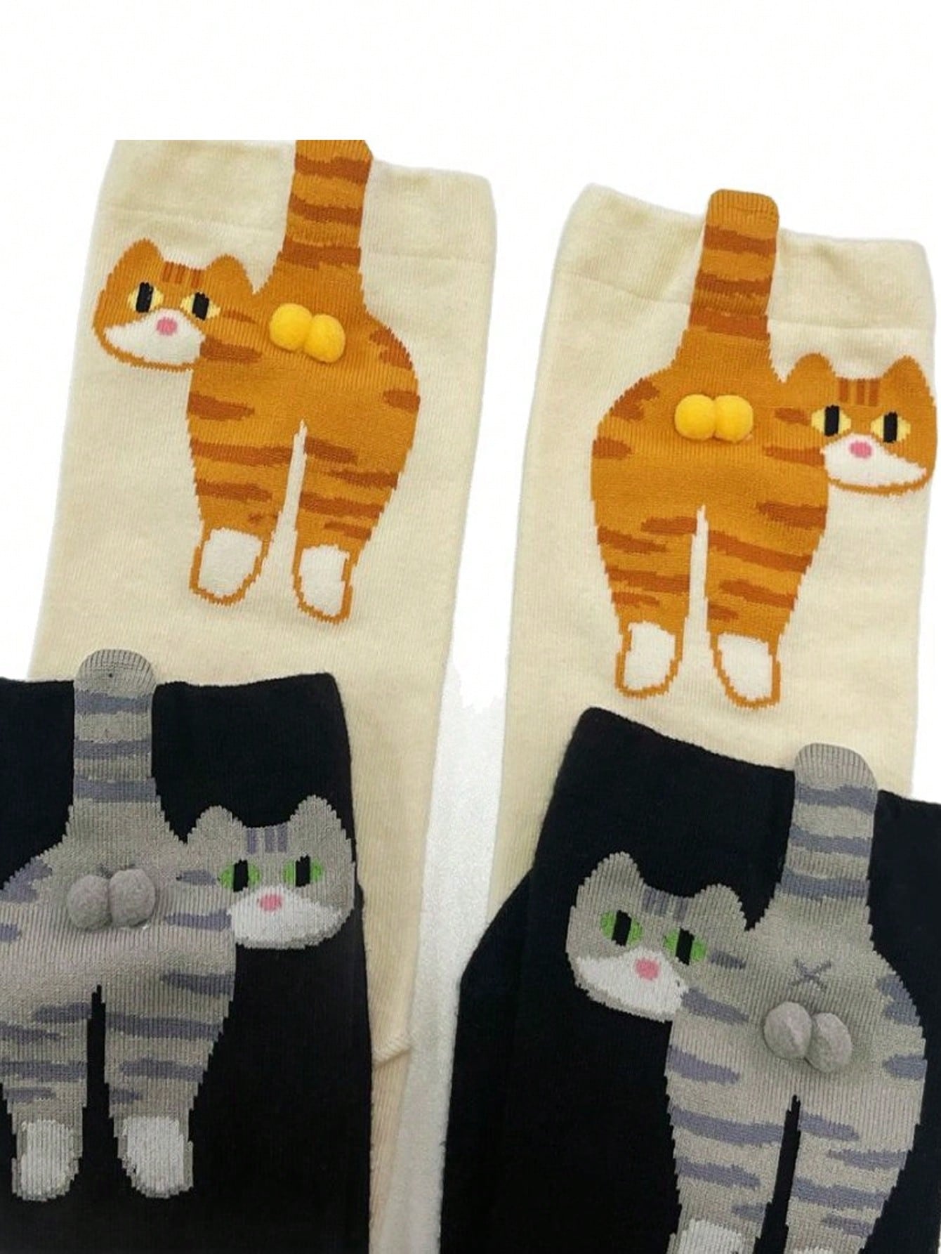 5 paires de chaussettes femme design chat de bande dessinée et cloche, chaussettes mi-mollet noir et blanc, chaussettes décorées de boules 3D
