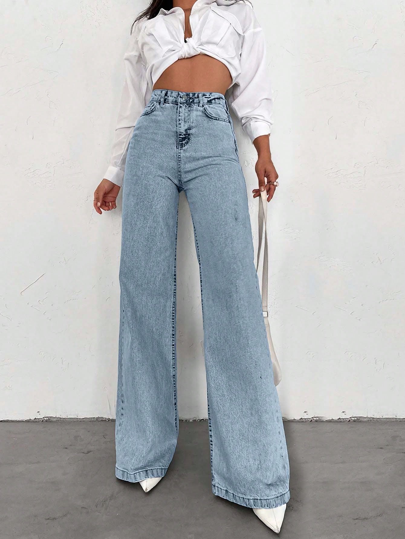 SHEIN Tall Jean grande taille à jambe large et ourlet long, 100% coton