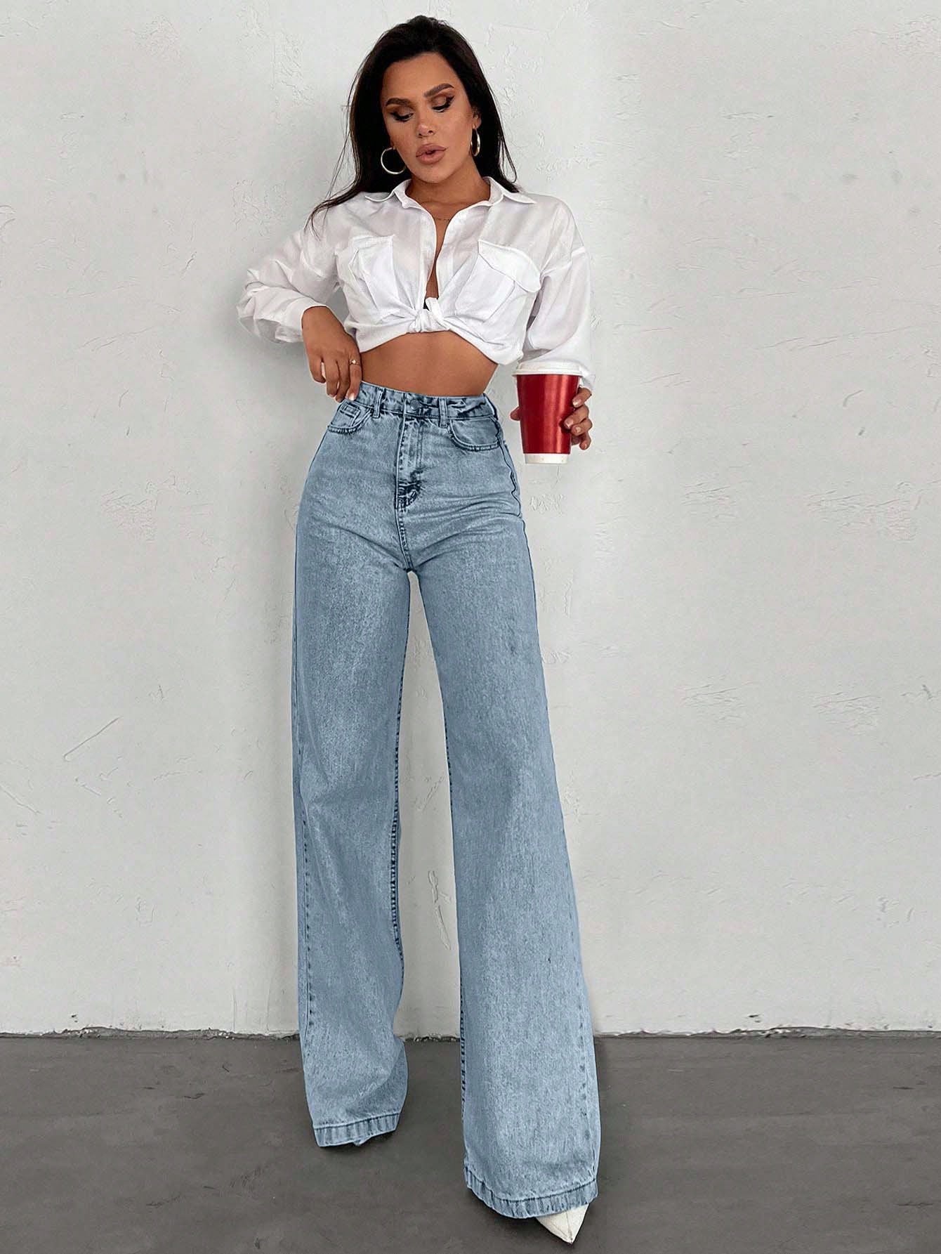 SHEIN Tall Jean grande taille à jambe large et ourlet long, 100% coton