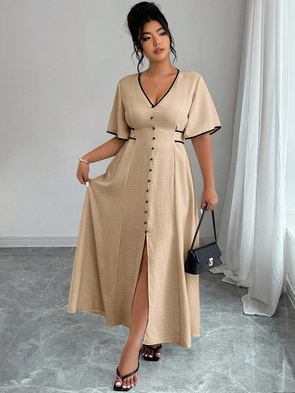 Elenzga Robe mi-longue pour femme grande taille, élégante, col V, avec liens contrastés, manches évasées et fente à la taille