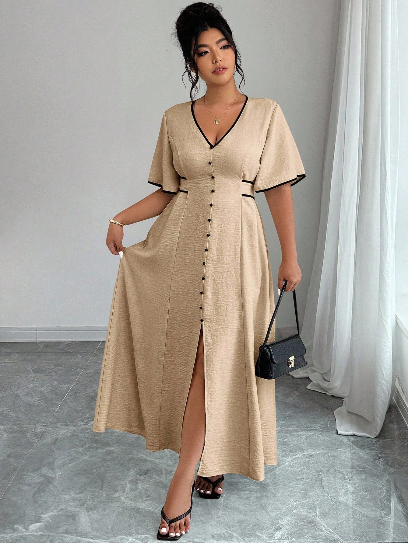 Elenzga Robe mi-longue pour femme grande taille, élégante, col V, avec liens contrastés, manches évasées et fente à la taille