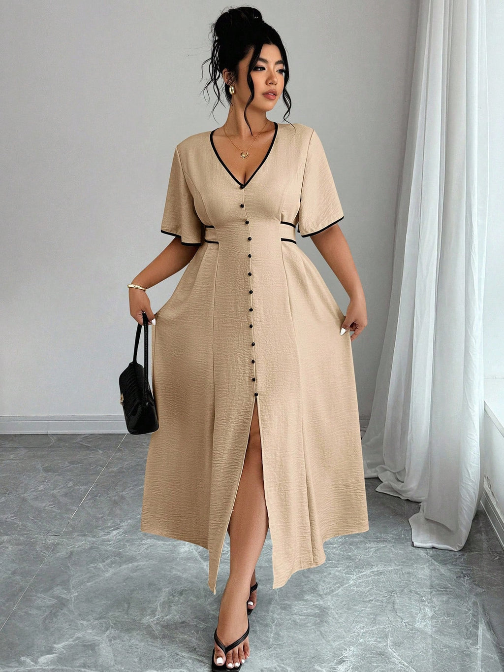 Elenzga Robe mi-longue pour femme grande taille, élégante, col V, avec liens contrastés, manches évasées et fente à la taille