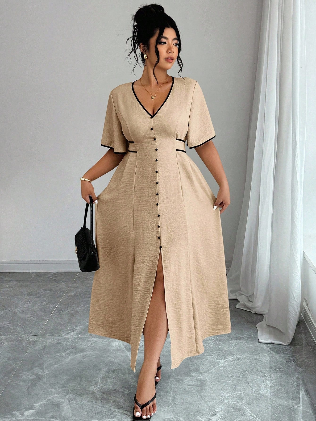 Elenzga Robe mi-longue pour femme grande taille, élégante, col V, avec liens contrastés, manches évasées et fente à la taille