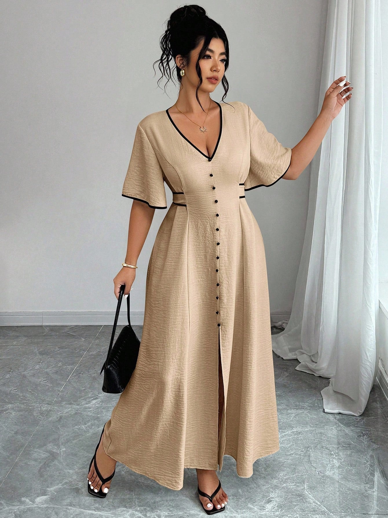 Elenzga Robe mi-longue pour femme grande taille, élégante, col V, avec liens contrastés, manches évasées et fente à la taille
