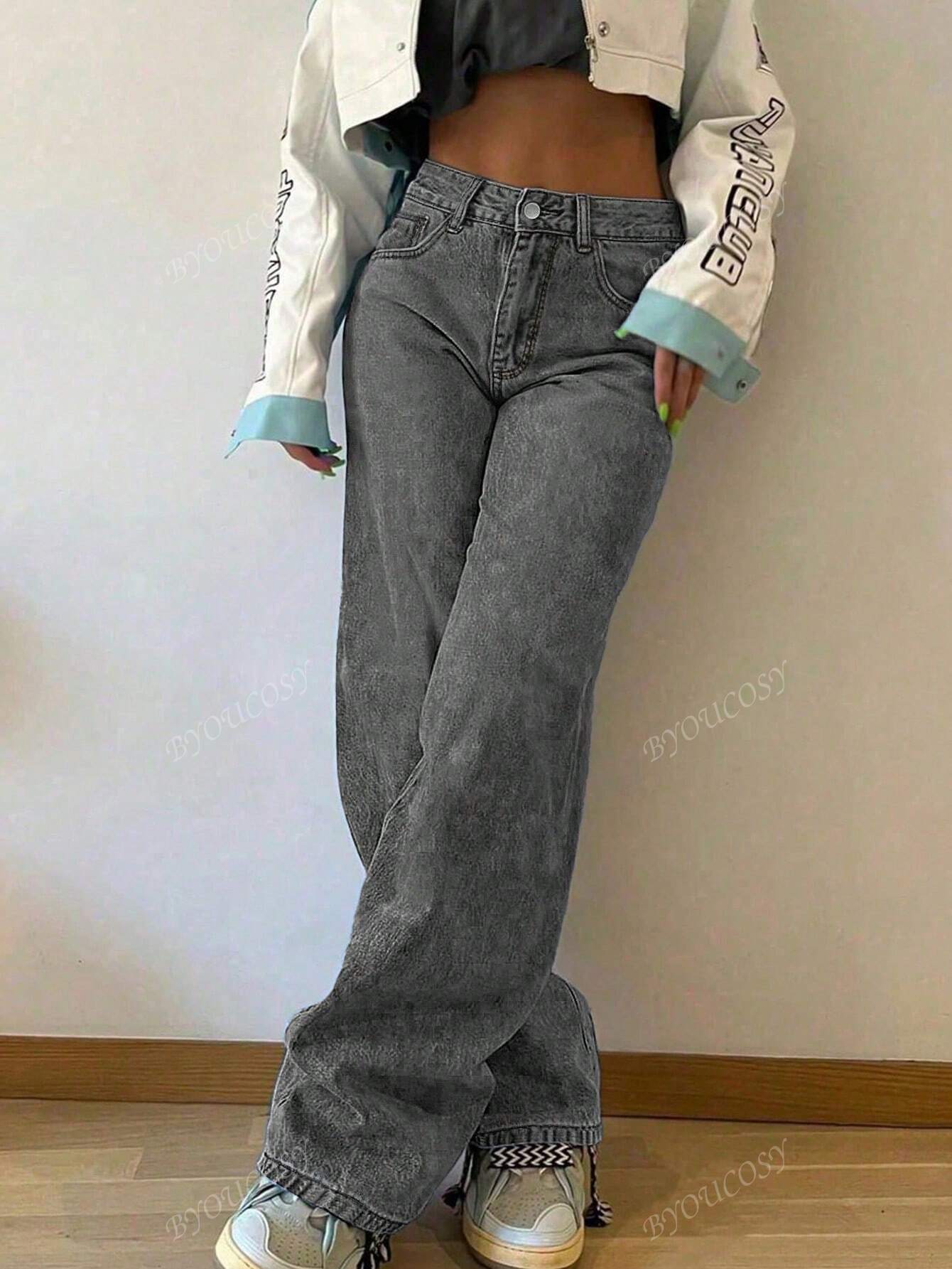 Pantalon en jean droit empilé ample rétro pour femmes