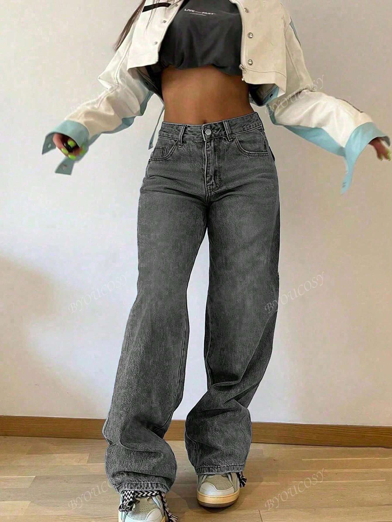 Pantalon en jean droit empilé ample rétro pour femmes