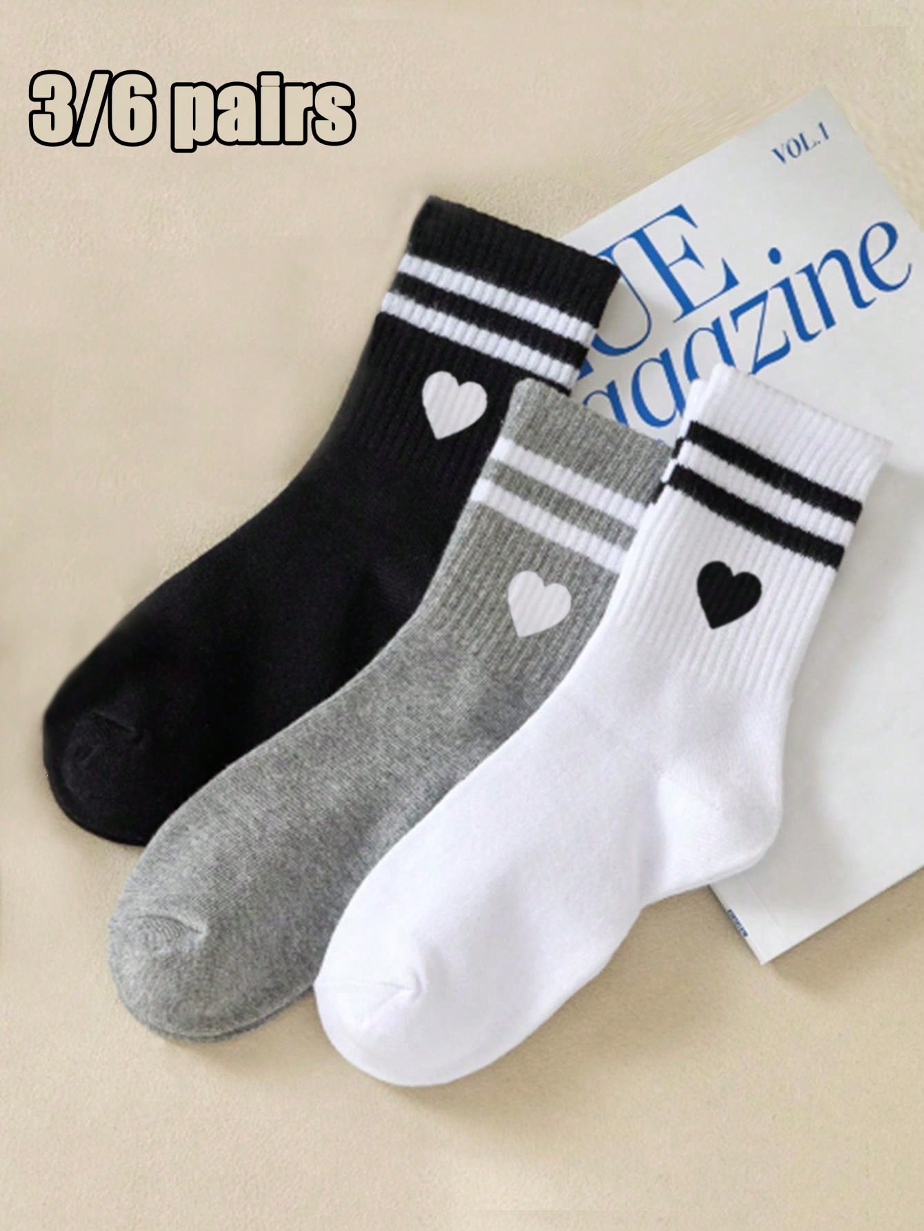 1/3/6 paires de chaussettes mi-mollet de couleur unie noire/blanche/grise et à double rayure, convenant aux activités extérieures, chaussettes mi-mollet décontracté, chaussettes d'hiver unisexes, chaussettes hautes