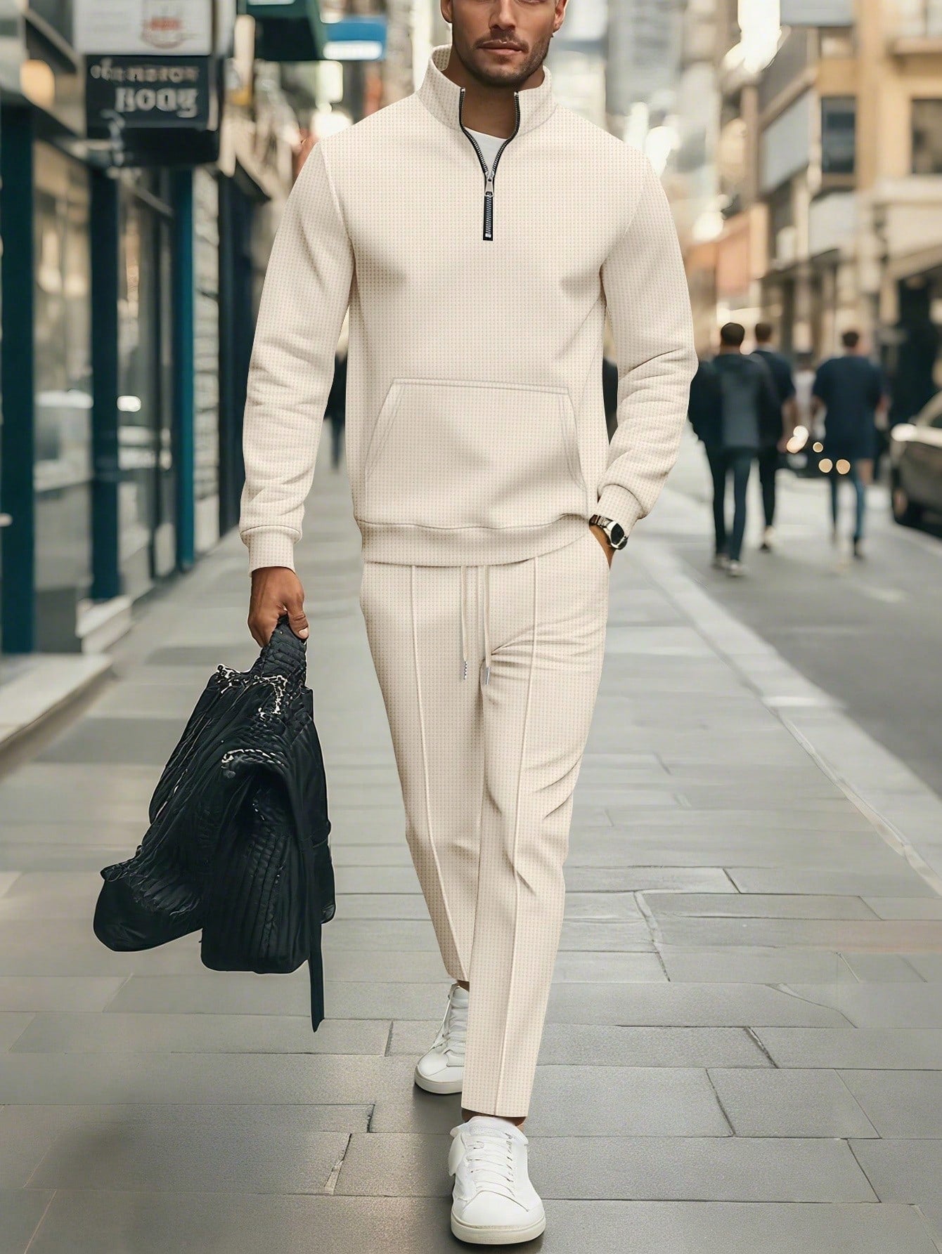 1 set Homme simple de survêtement 2 pièces, Top à col montant zippé manches longues + pantalon, de couleur unie, léger