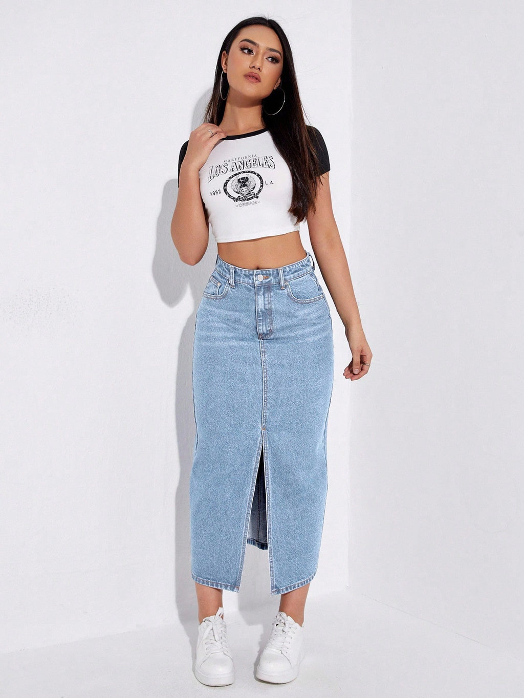 SHEIN EZwear Jupe en jean taille haute fendu