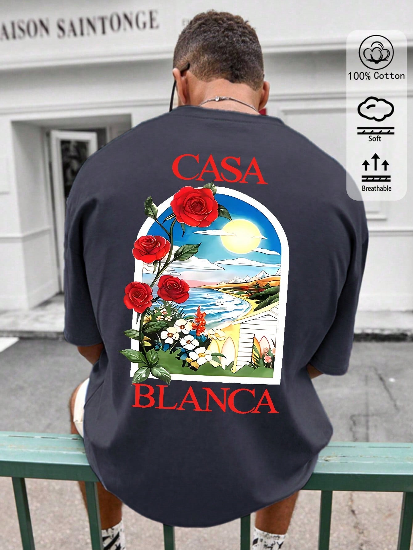 T-shirt en coton côtelé pour homme, imprimé plage rose romantique, hauts à manches courtes noirs doux pour homme