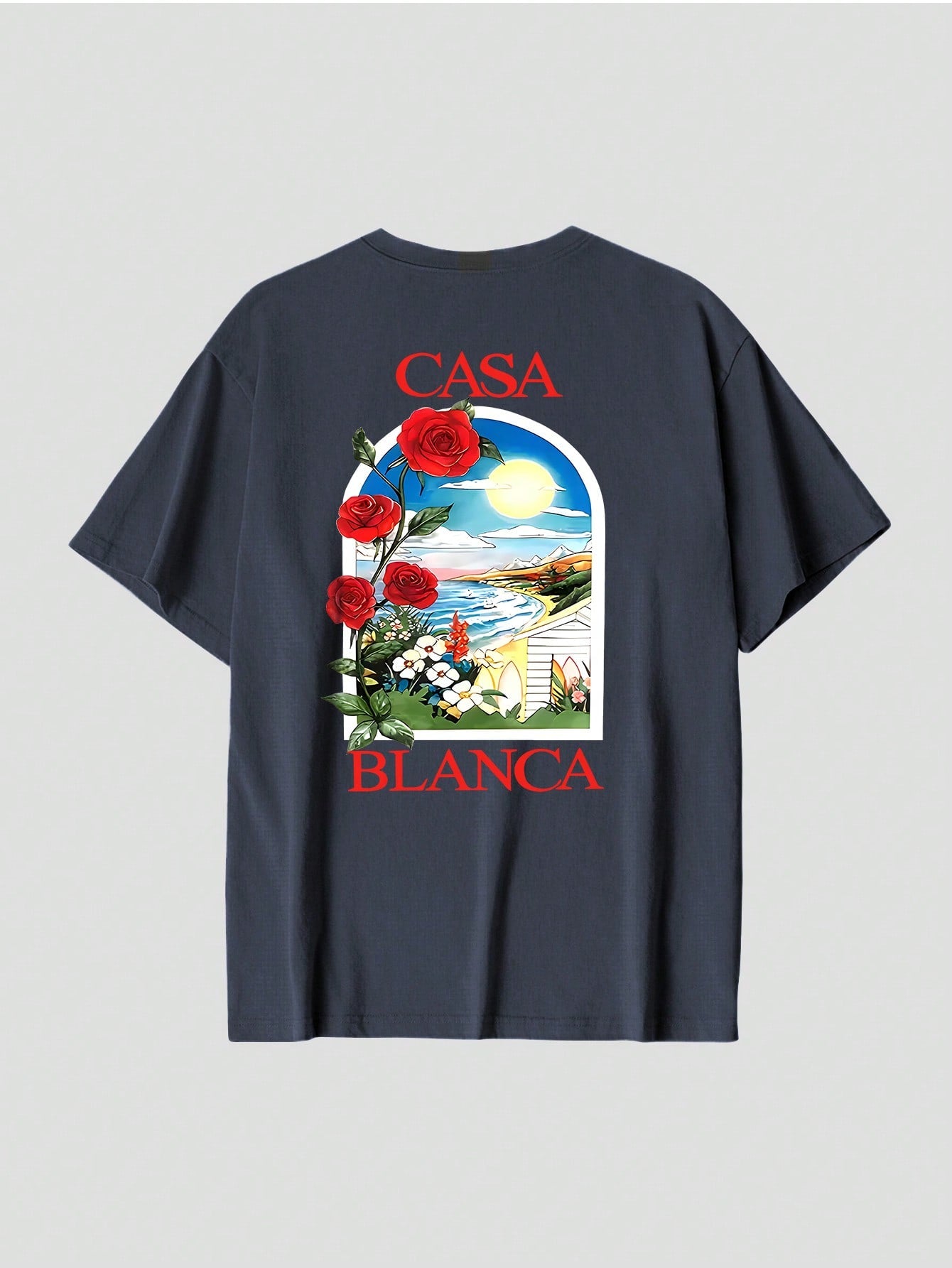 T-shirt en coton côtelé pour homme, imprimé plage rose romantique, hauts à manches courtes noirs doux pour homme