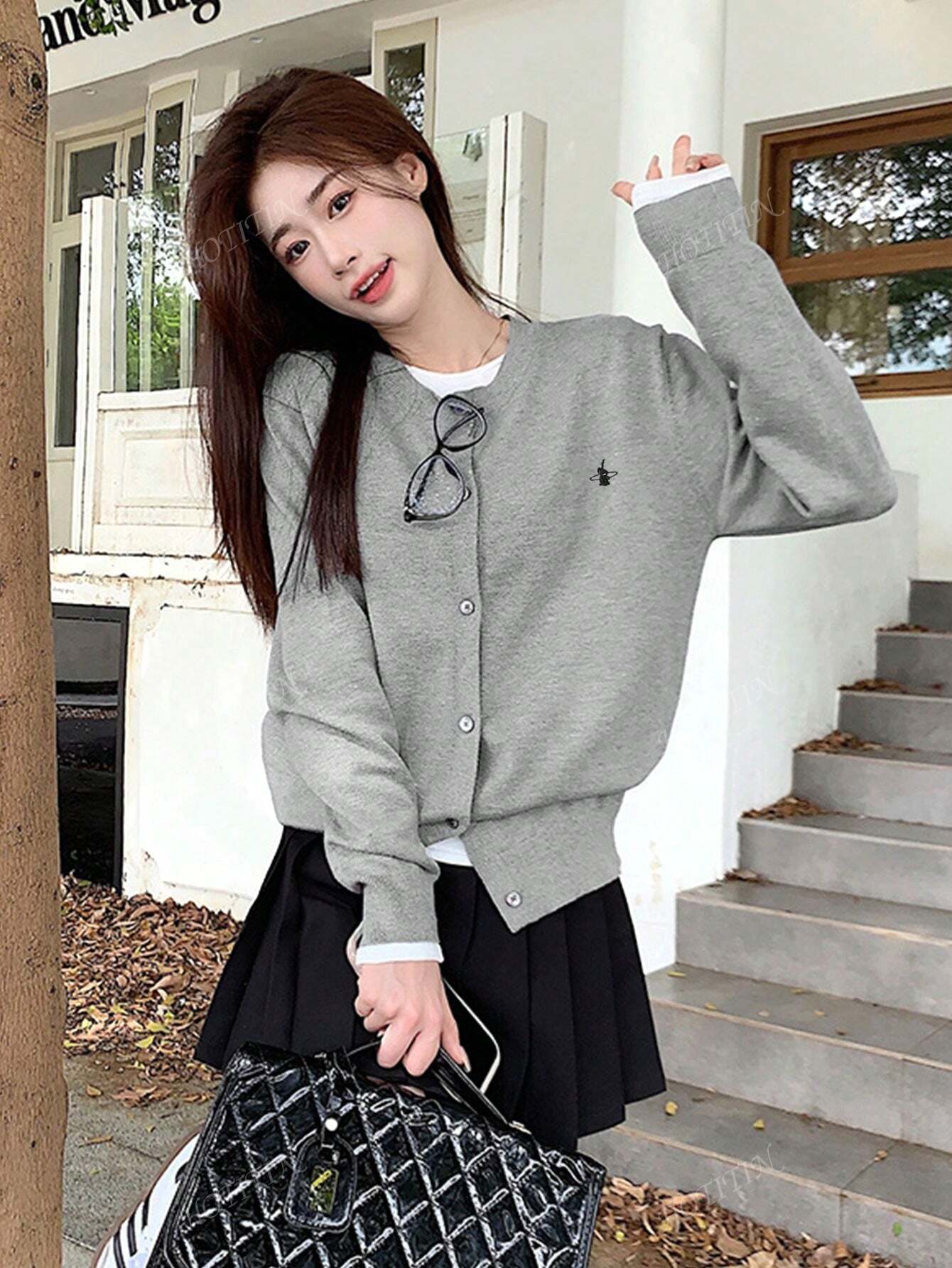 Femme Cardigan pull col rond à manches longues, minimaliste, couleur unie avec broderie de lapin, décontracté pour l'automne/l'hiver