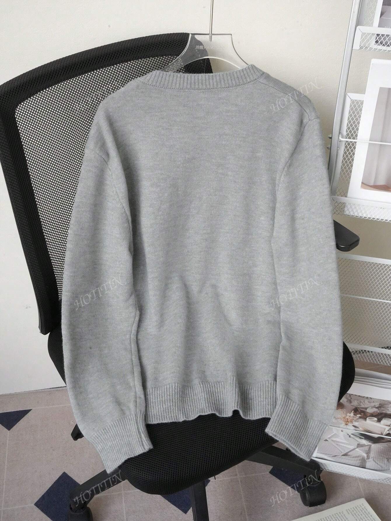 Femme Cardigan pull col rond à manches longues, minimaliste, couleur unie avec broderie de lapin, décontracté pour l'automne/l'hiver