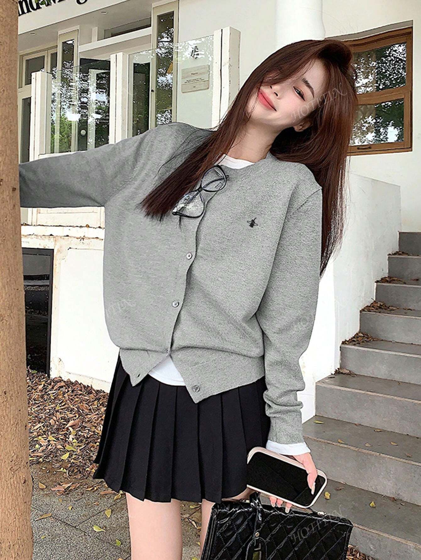 Femme Cardigan pull col rond à manches longues, minimaliste, couleur unie avec broderie de lapin, décontracté pour l'automne/l'hiver