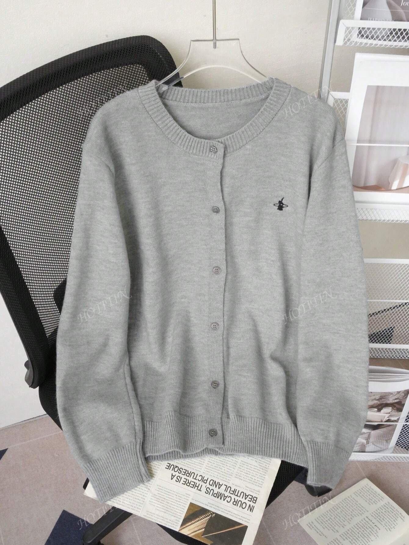 Femme Cardigan pull col rond à manches longues, minimaliste, couleur unie avec broderie de lapin, décontracté pour l'automne/l'hiver