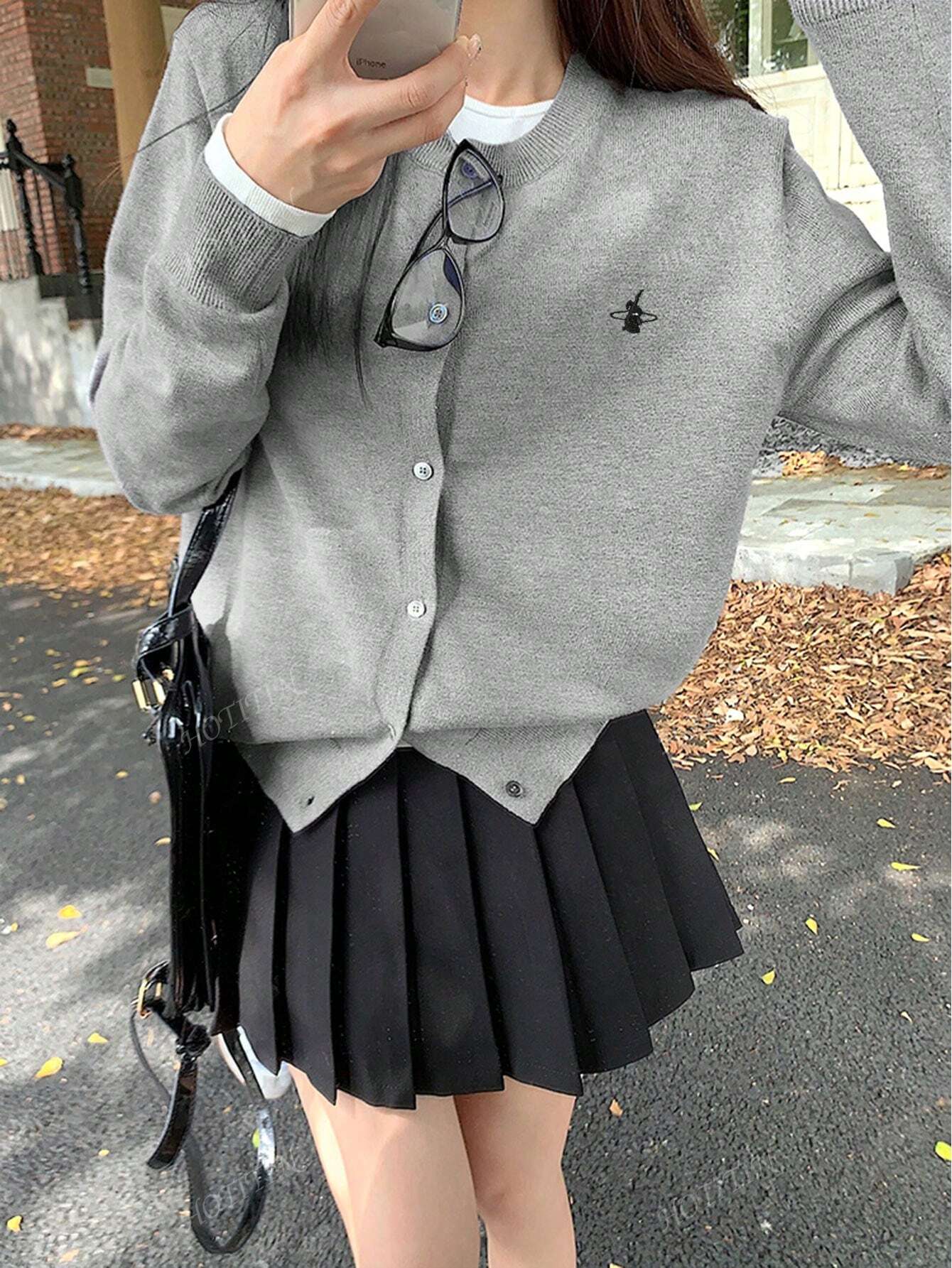 Femme Cardigan pull col rond à manches longues, minimaliste, couleur unie avec broderie de lapin, décontracté pour l'automne/l'hiver