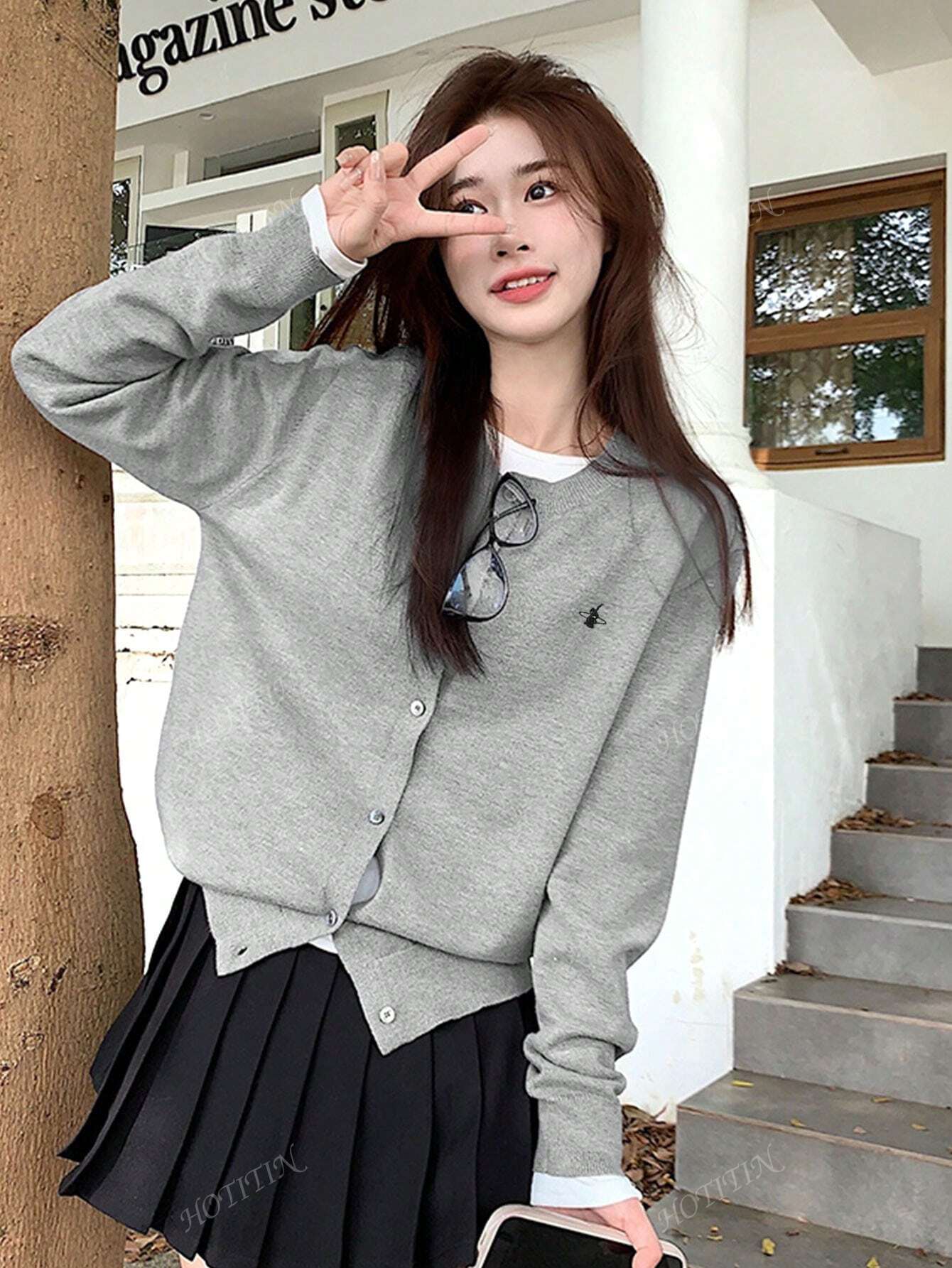 Femme Cardigan pull col rond à manches longues, minimaliste, couleur unie avec broderie de lapin, décontracté pour l'automne/l'hiver