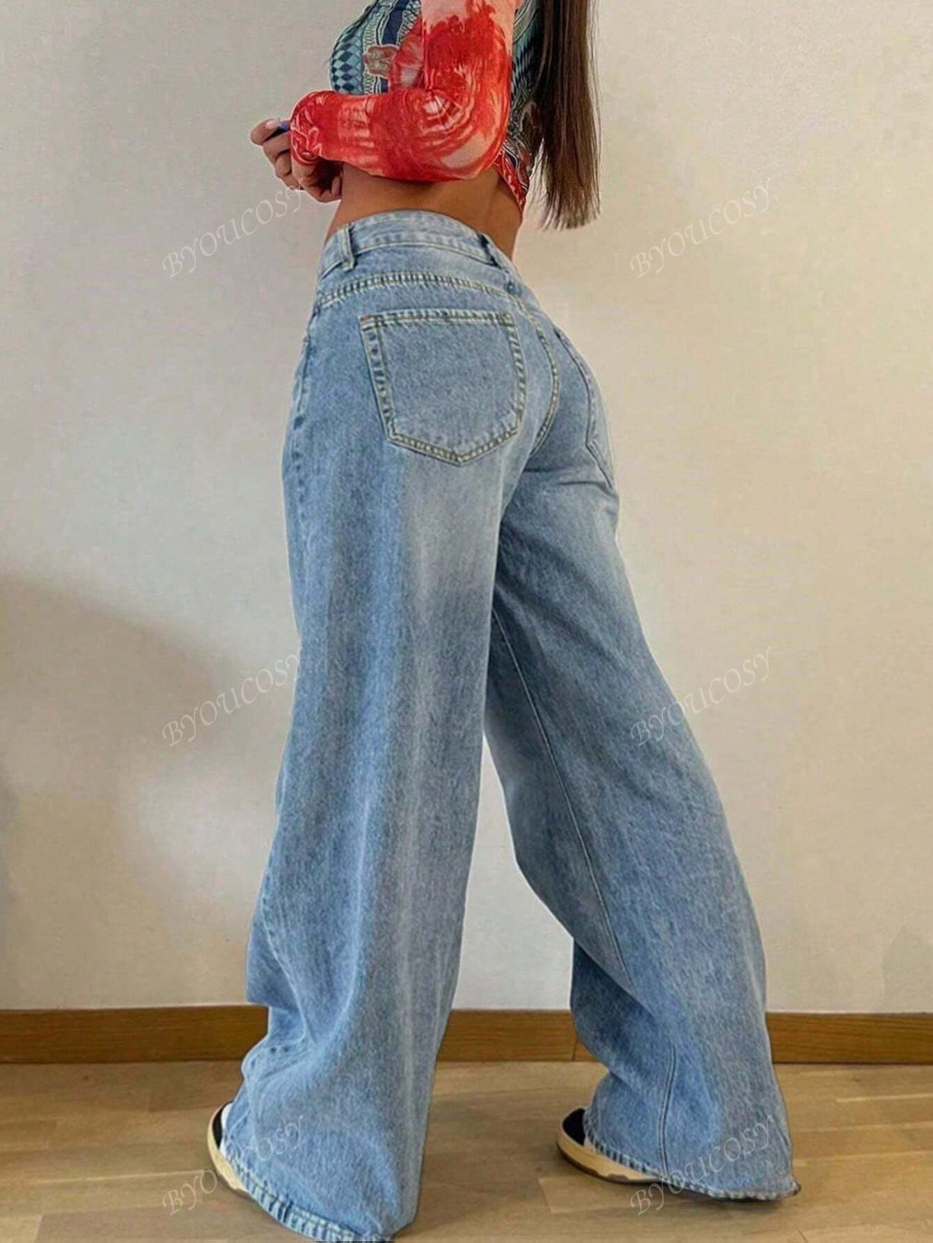 Pantalon en jean droit empilé ample rétro pour femmes