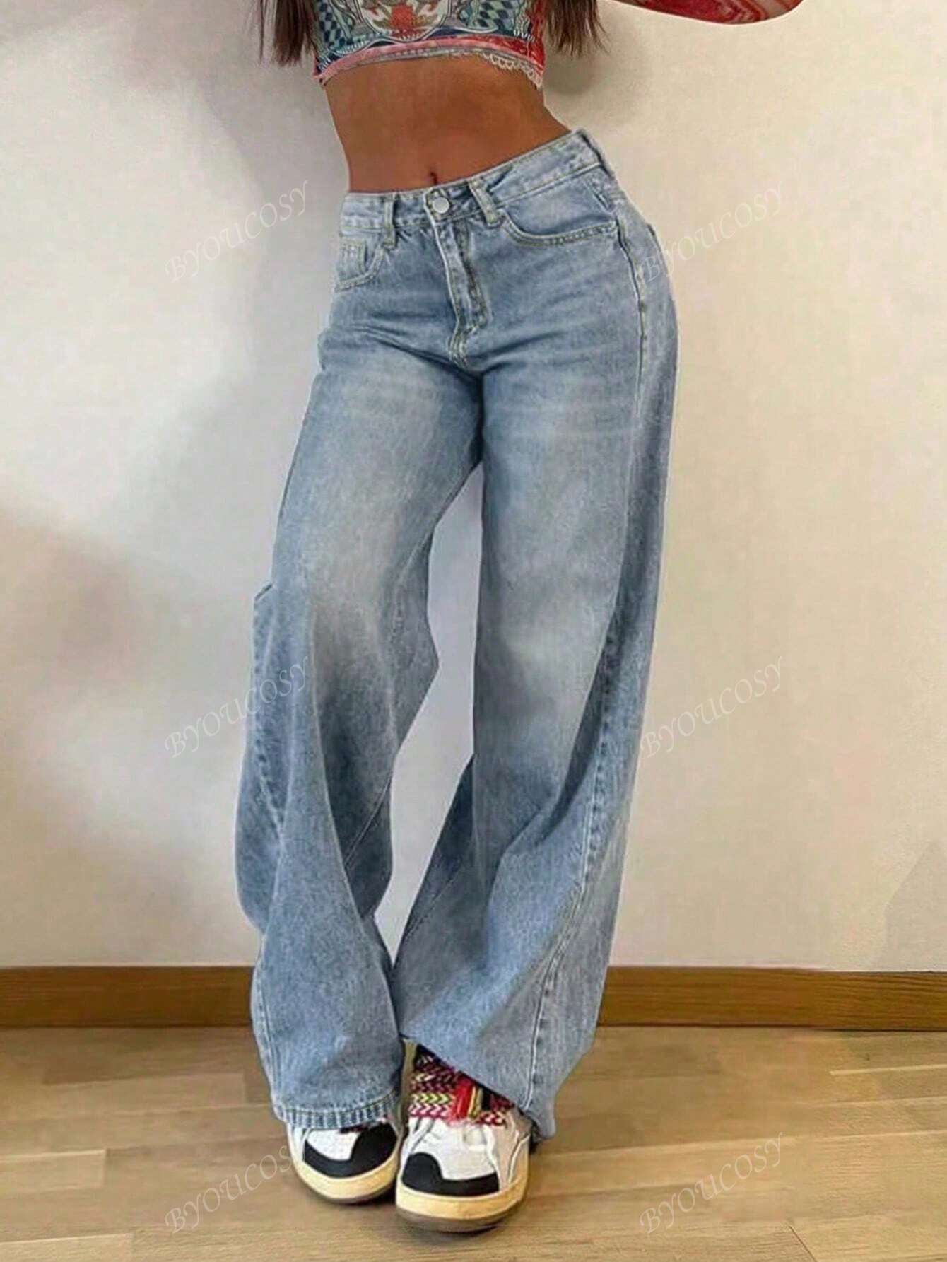 Pantalon en jean droit empilé ample rétro pour femmes