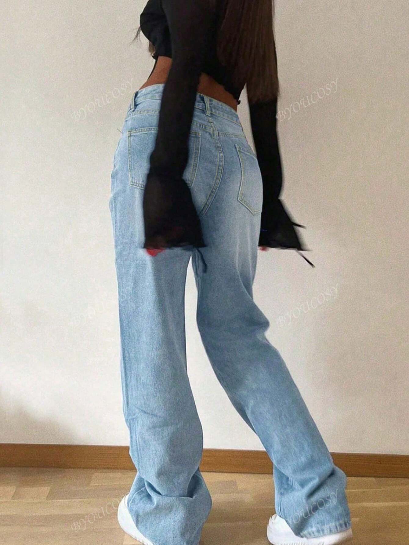 Pantalon en jean droit empilé ample rétro pour femmes