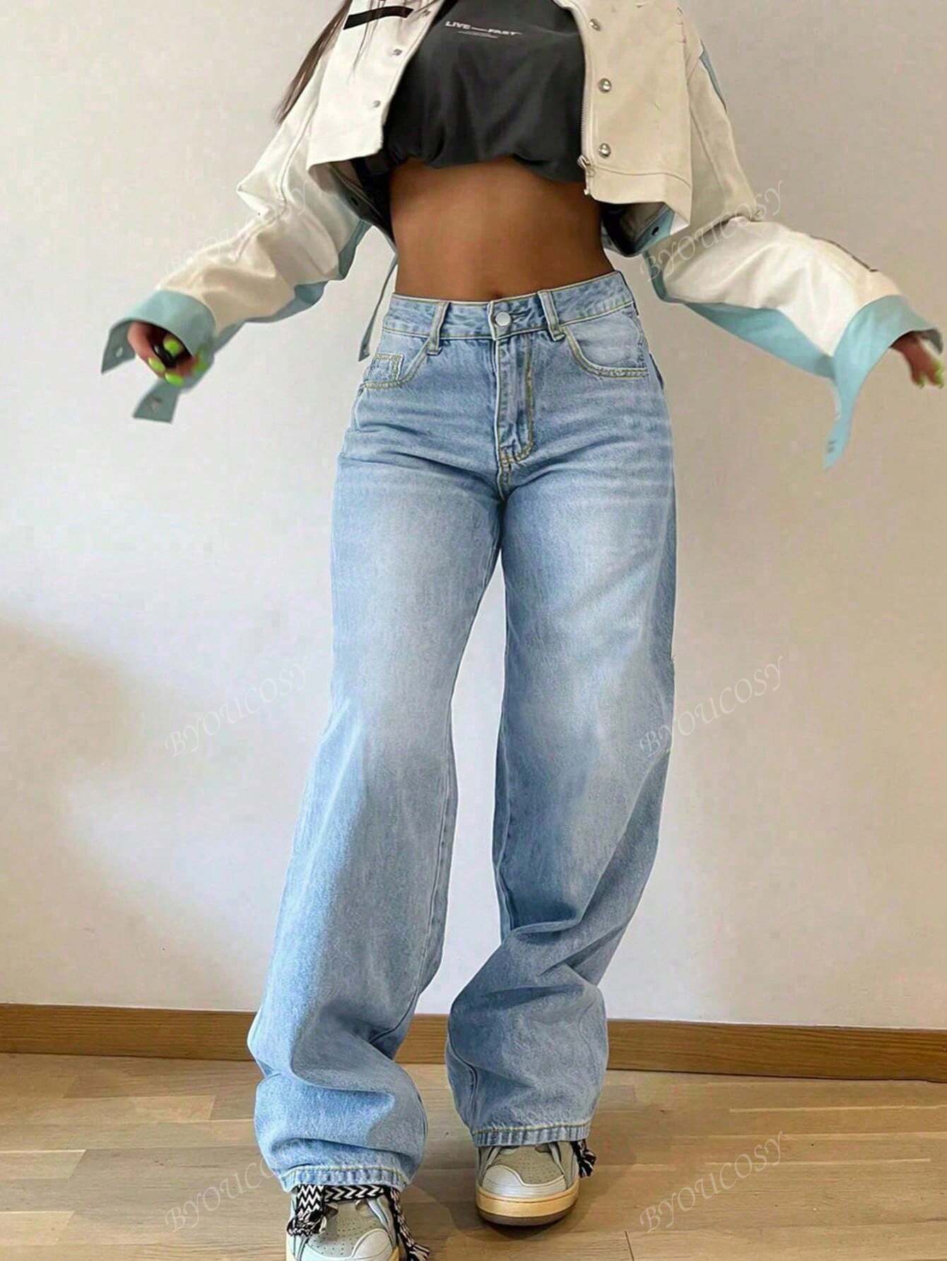 Pantalon en jean droit empilé ample rétro pour femmes
