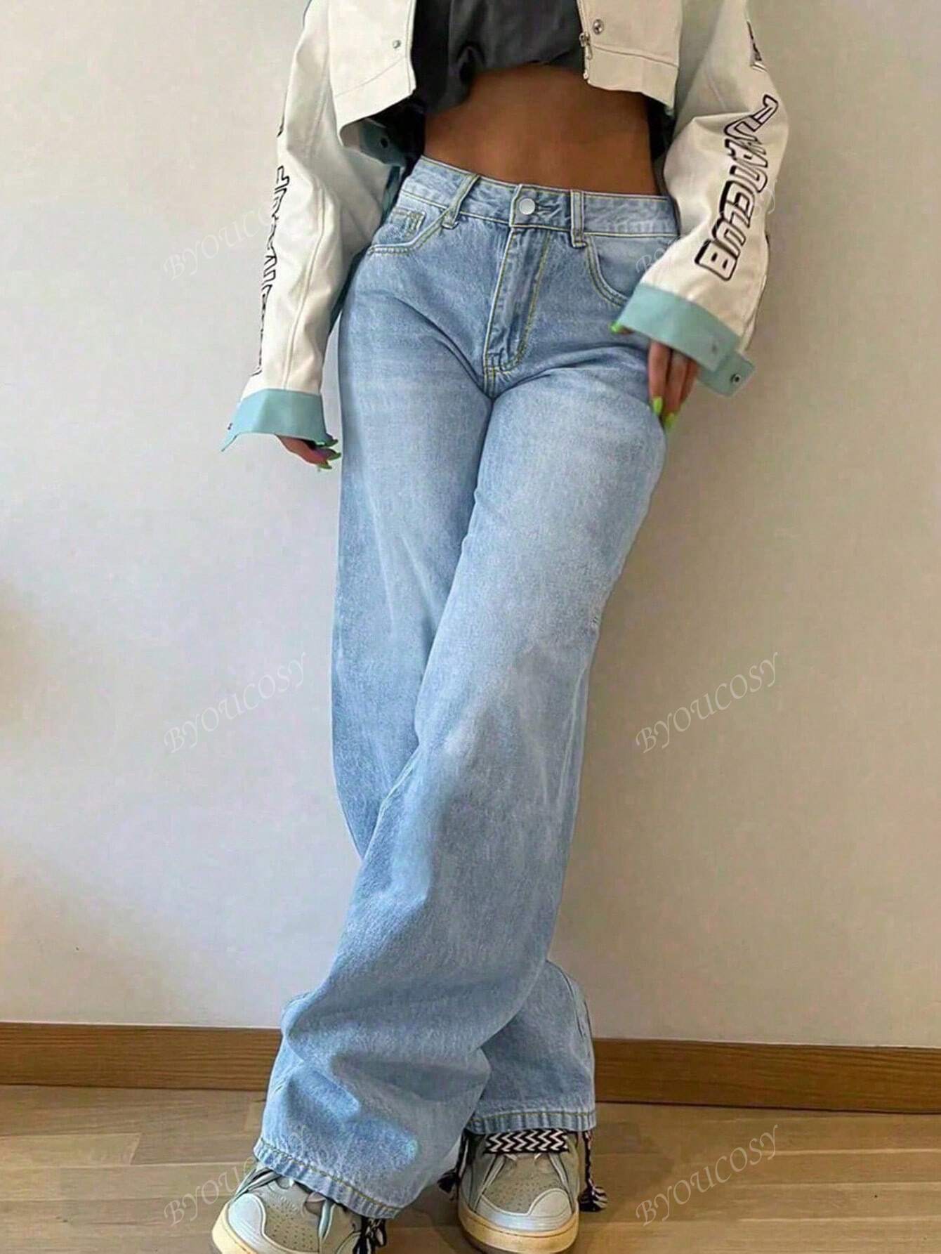 Pantalon en jean droit empilé ample rétro pour femmes