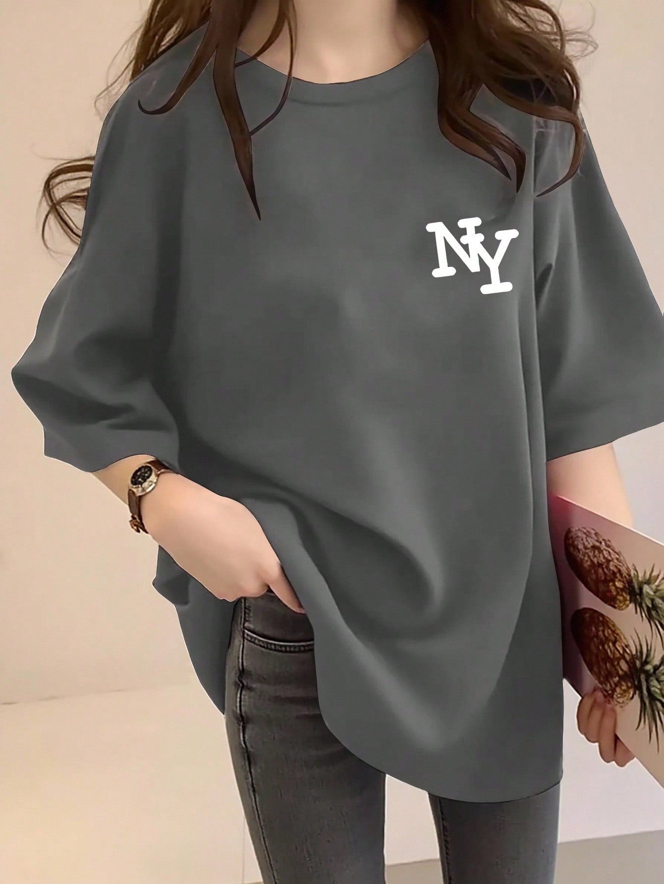 T-shirt ample à col rond et manches courtes avec imprimé lettre NY pour femmes, top d'été décontracté, design élégant et confortable, convient pour le port quotidien, t-shirt New York oversize, style vintage
