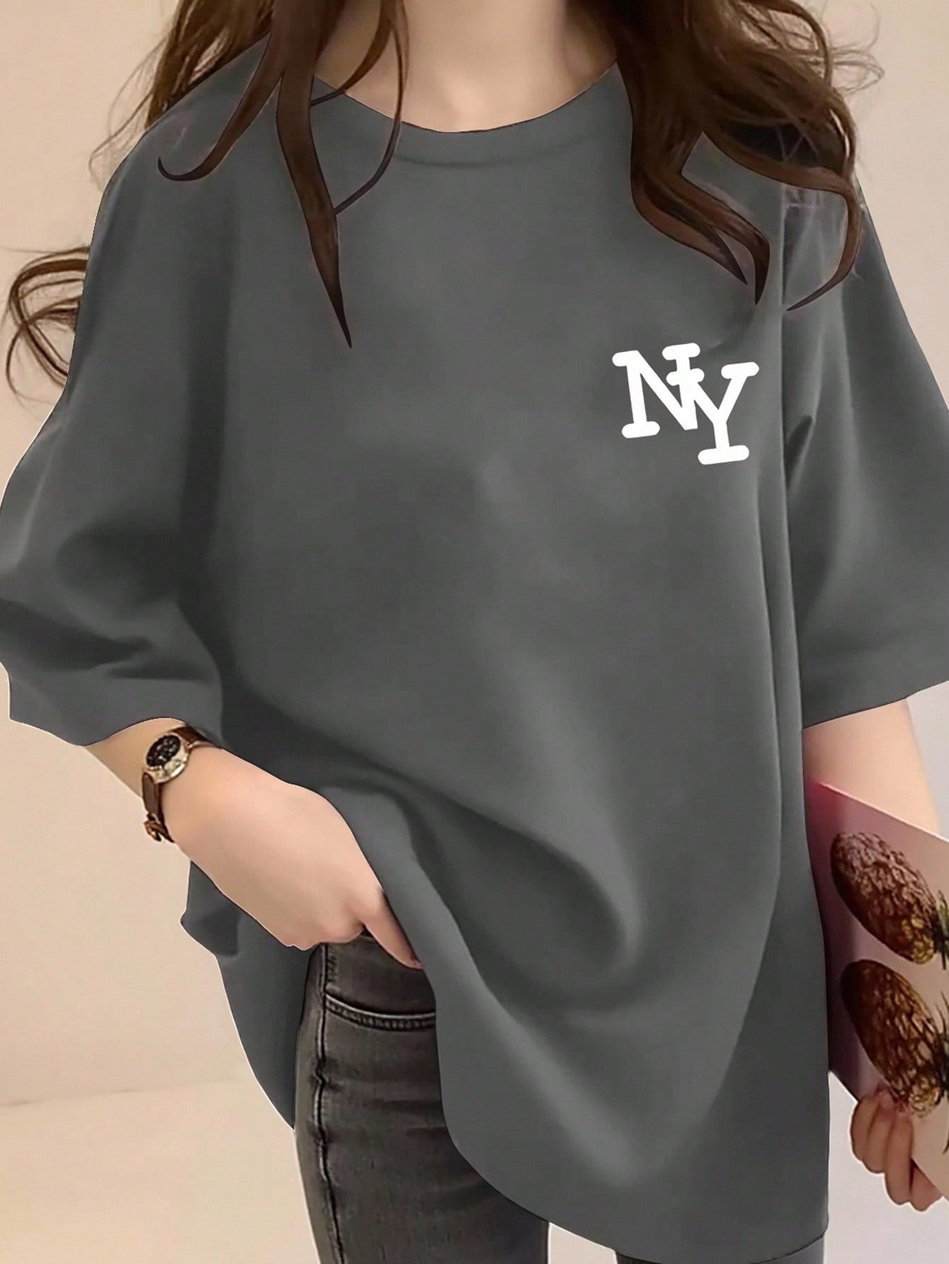T-shirt ample à col rond et manches courtes avec imprimé lettre NY pour femmes, top d'été décontracté, design élégant et confortable, convient pour le port quotidien, t-shirt New York oversize, style vintage