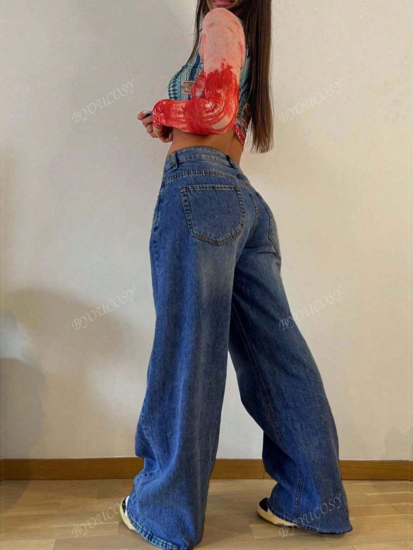 Pantalon en jean droit empilé ample rétro pour femmes