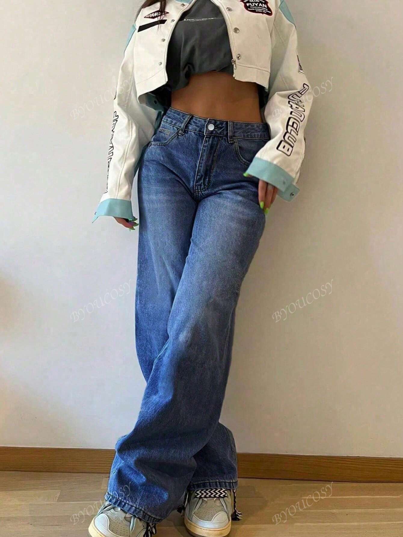 Pantalon en jean droit empilé ample rétro pour femmes