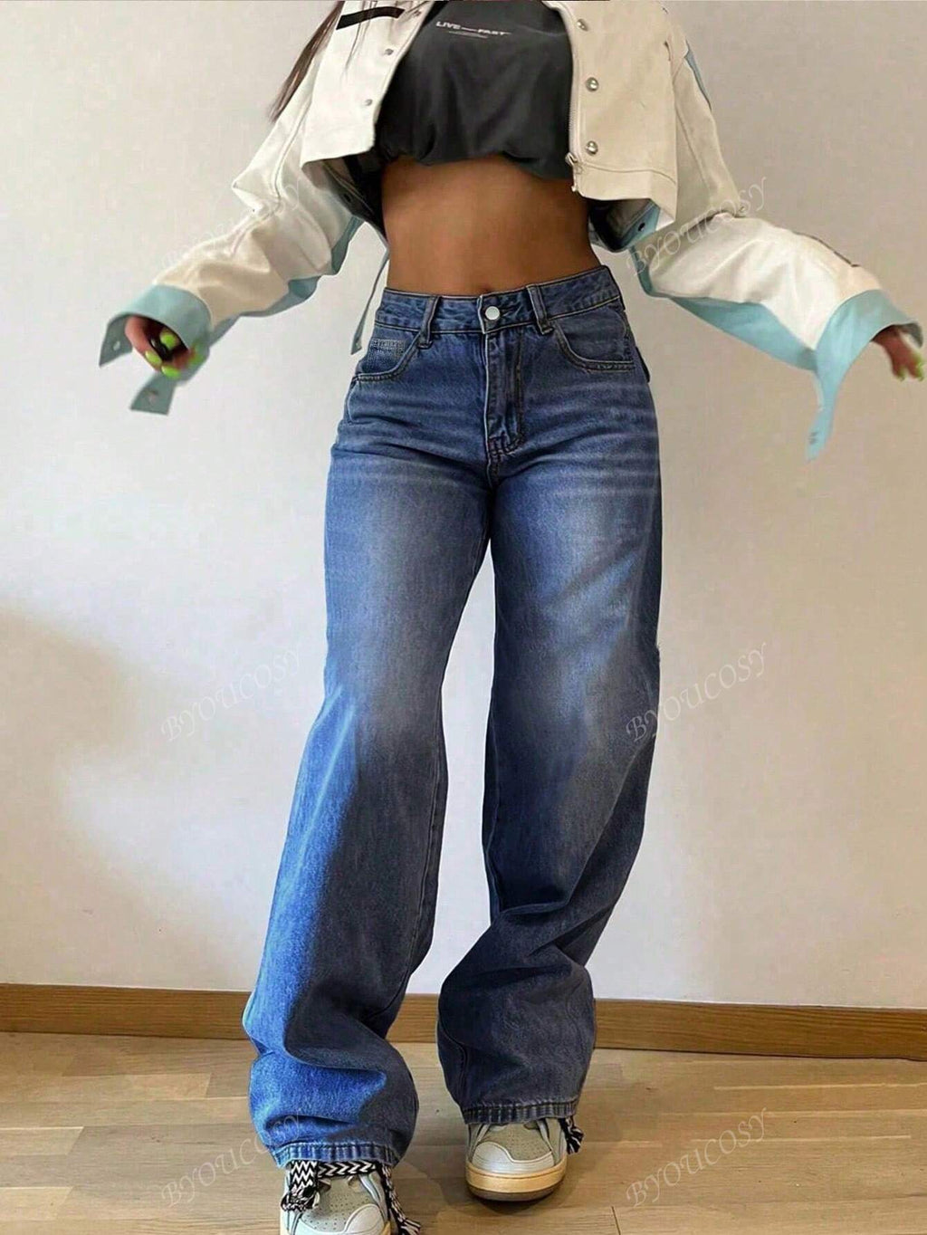 Pantalon en jean droit empilé ample rétro pour femmes